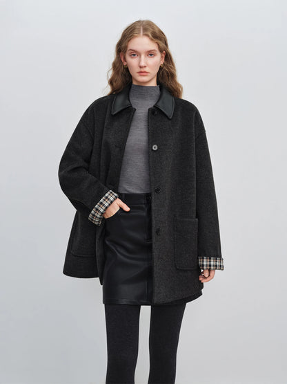 Black Leather Collar Wool Coat