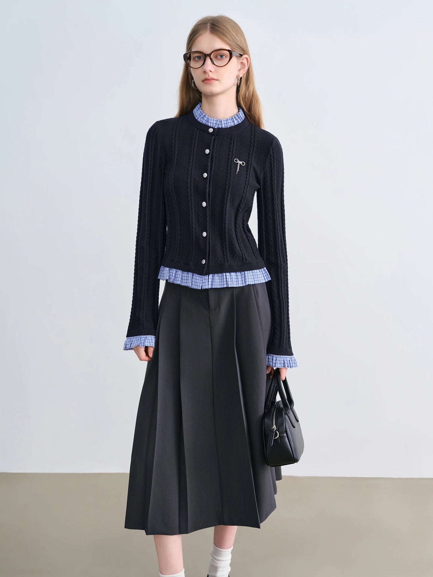 Navy Plaid Collar Knit Cardigan