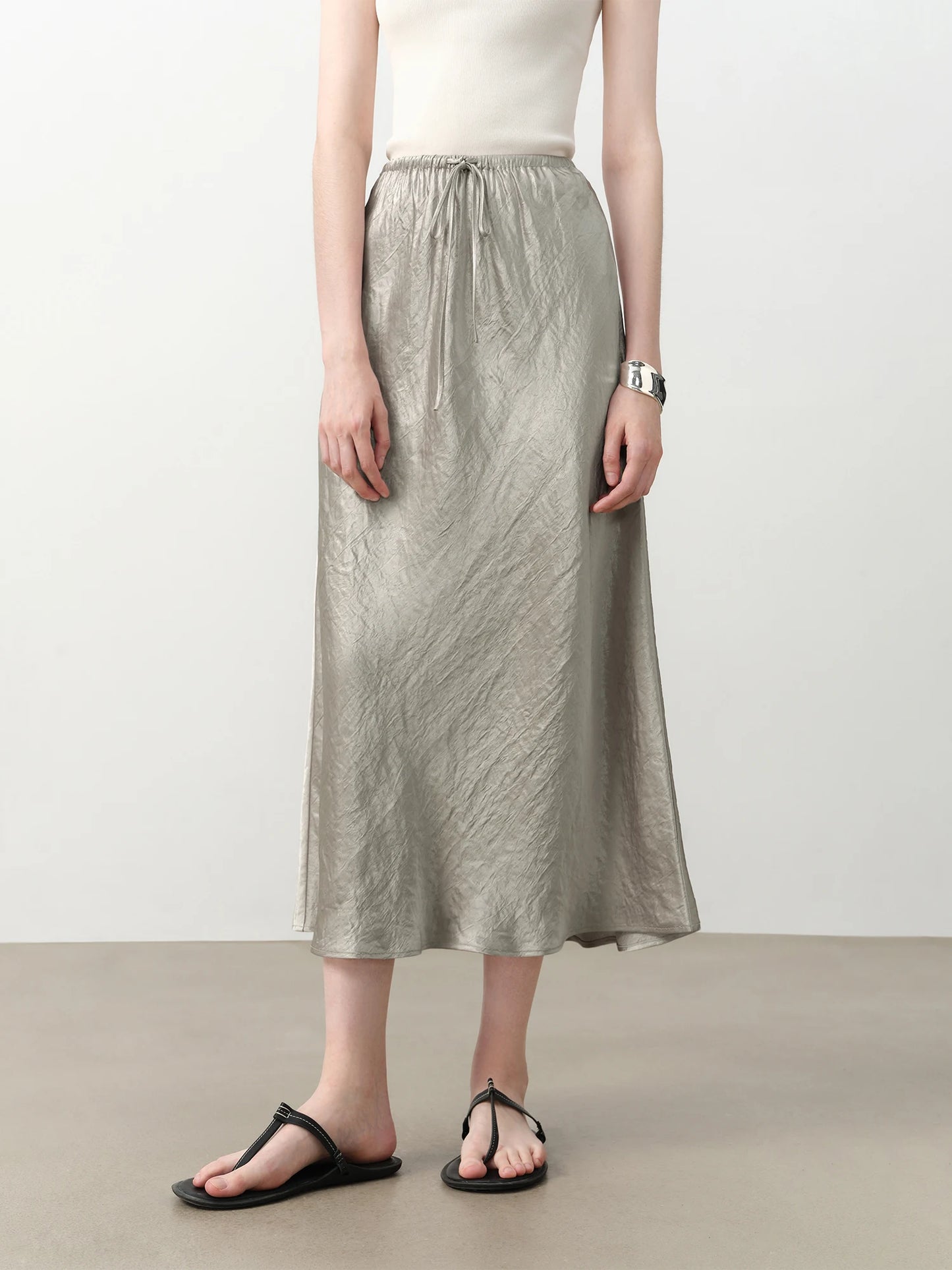 Silver Satin Drawstring Maxi Skirt