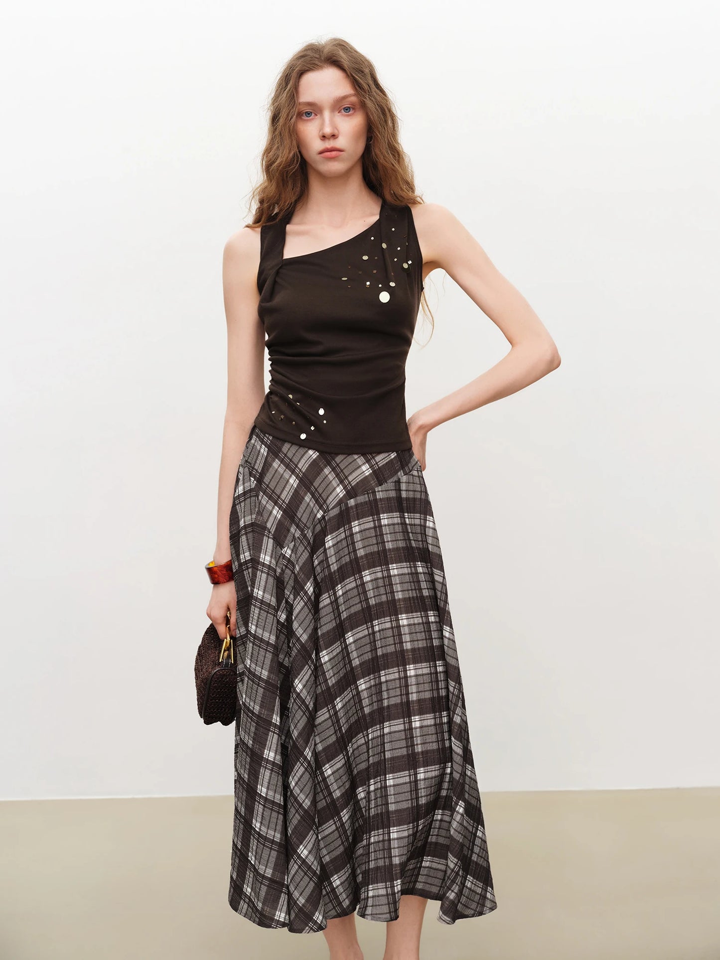 Beaded Tank Plaid Skirt Set