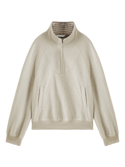 Ivory Plaid Collar Zip Sweatshirt