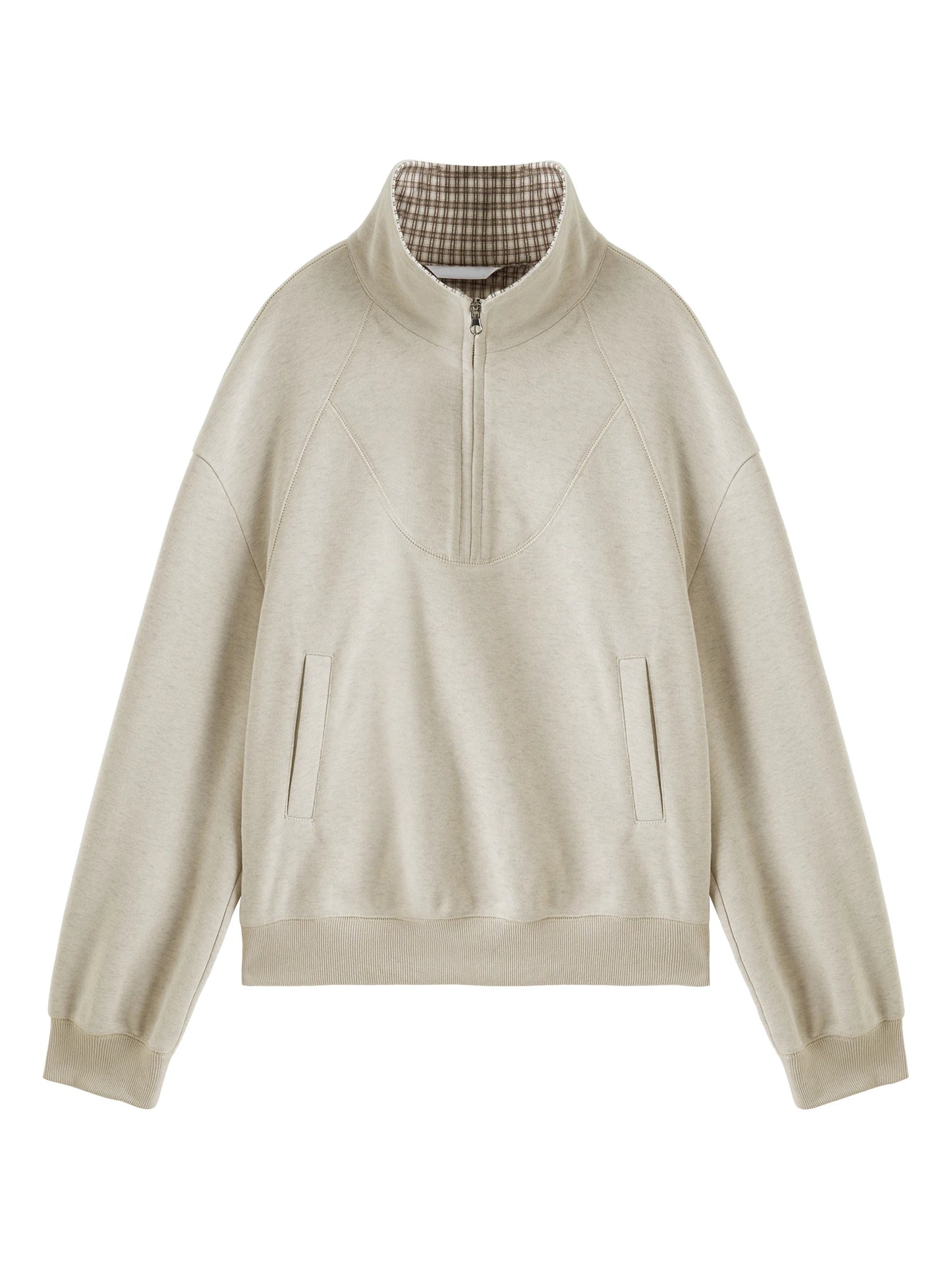 Ivory Plaid Collar Zip Sweatshirt
