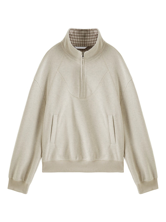 Ivory Plaid Collar Zip Sweatshirt