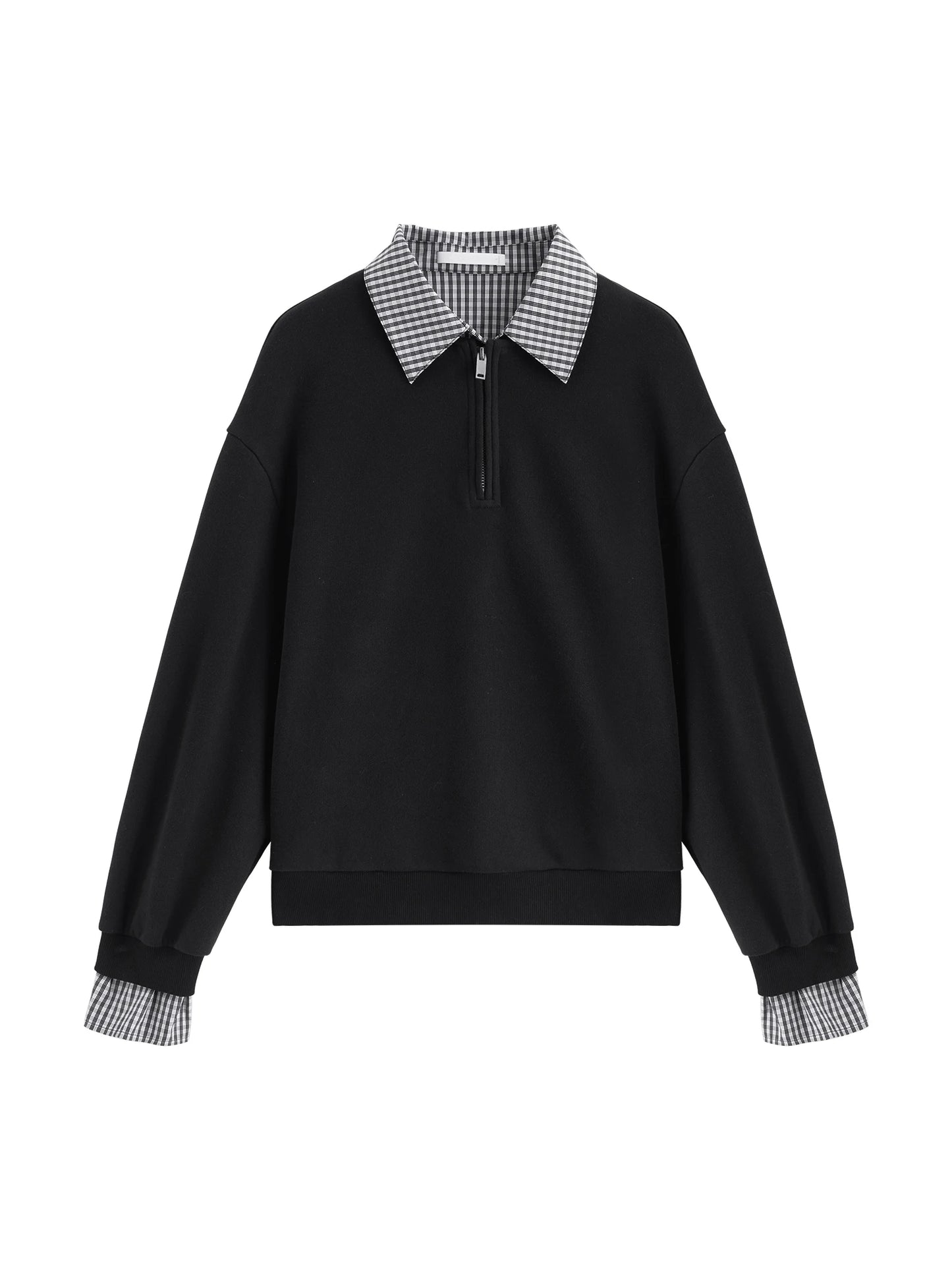 Black Plaid Collar Layered Sweatshirt