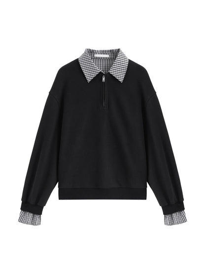 Black Plaid Collar Layered Sweatshirt