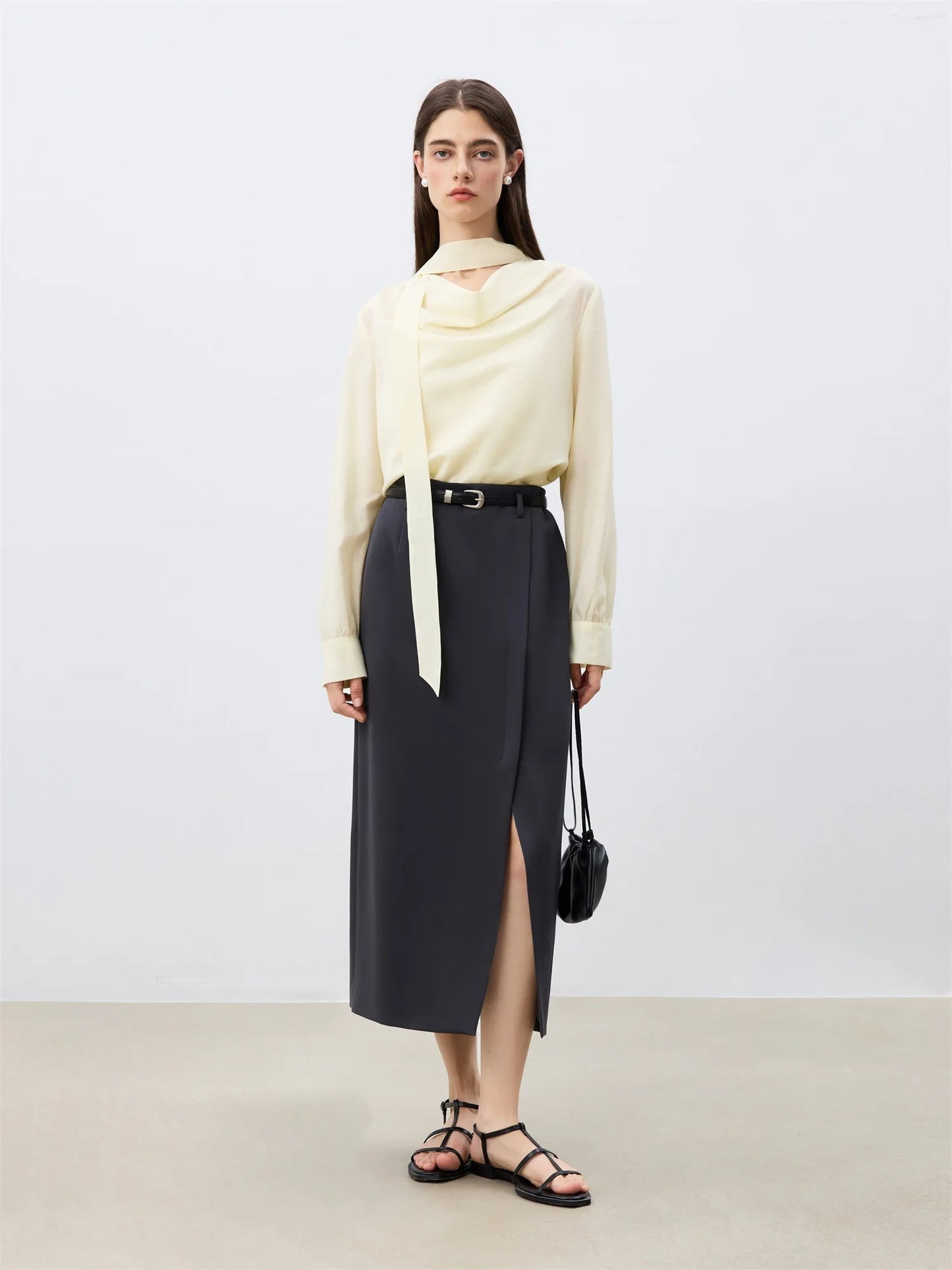Ivory Draped Tie Neck Blouse