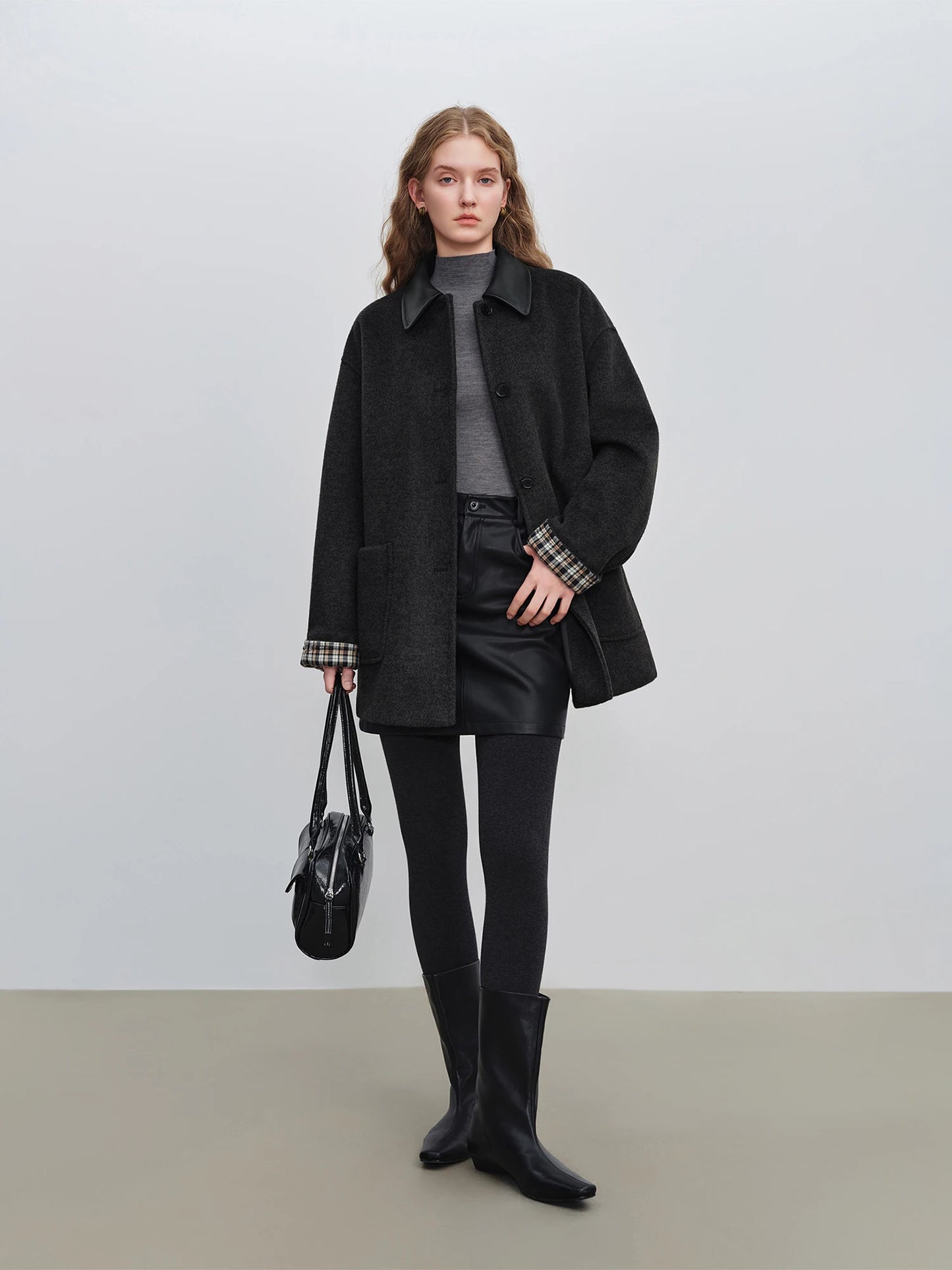 Black Leather Collar Wool Coat