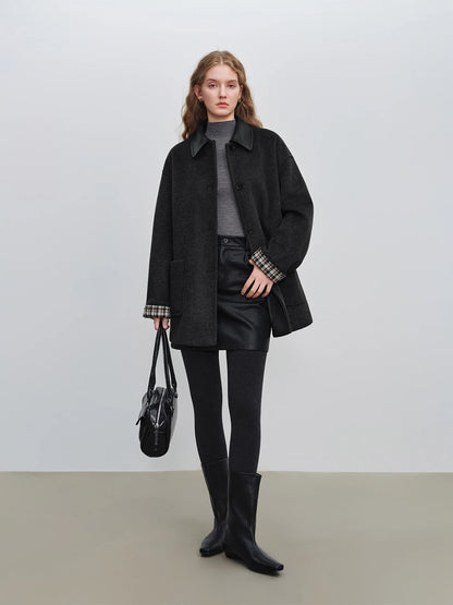 Black Leather Collar Wool Coat