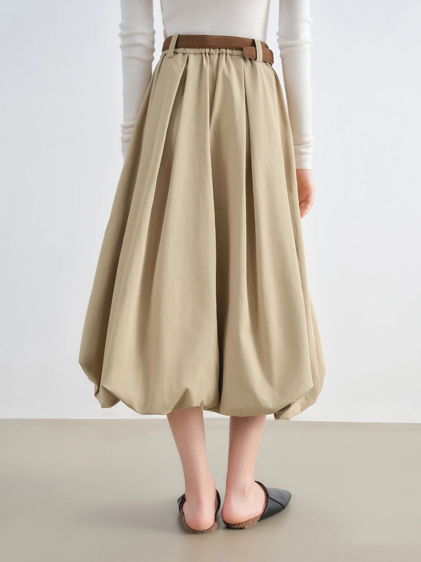 Beige Bubble Hem Midi Skirt