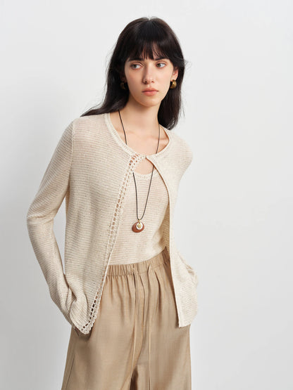 Beige Crochet Trim Cardigan Set