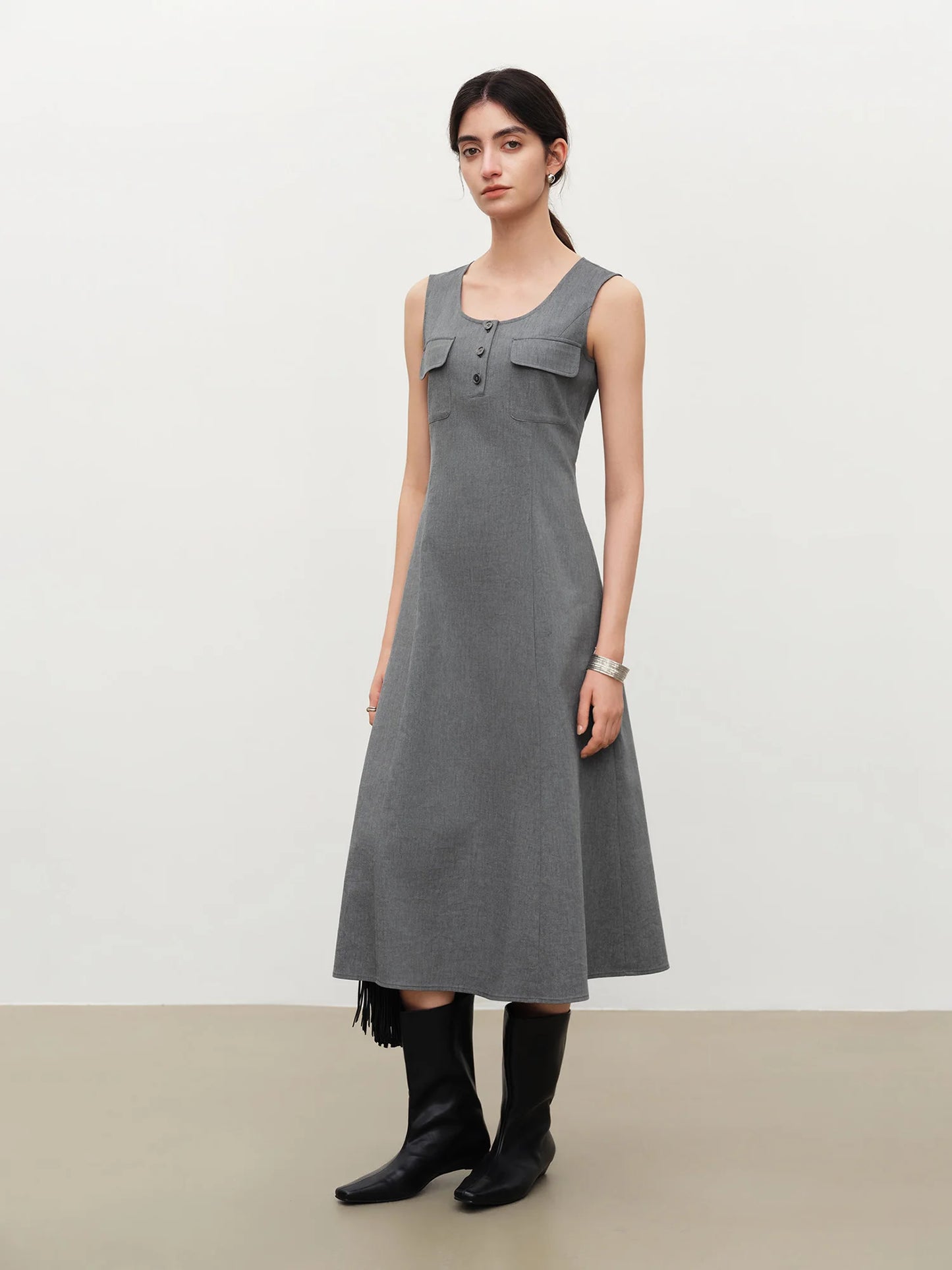 Grey Utility Pocket Midi Dress