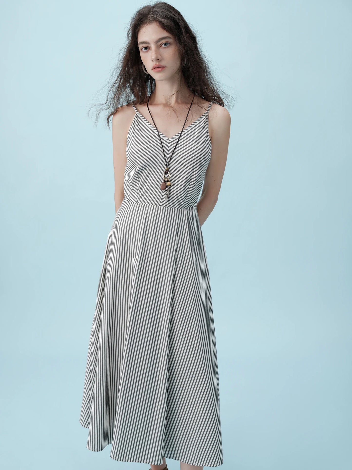 Striped Slim Strap Midi Dress