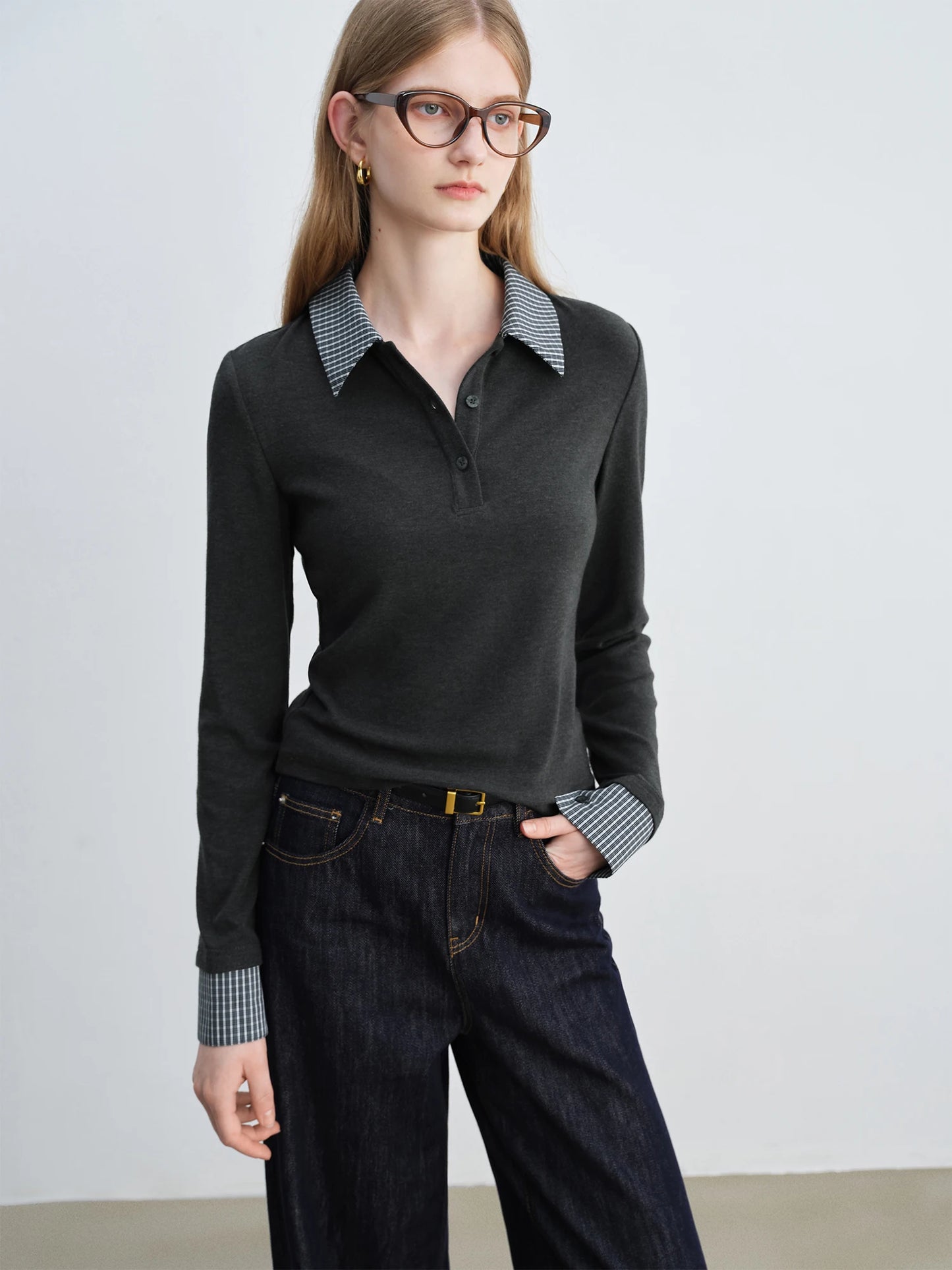 Charcoal Plaid Collar Long Sleeve Top