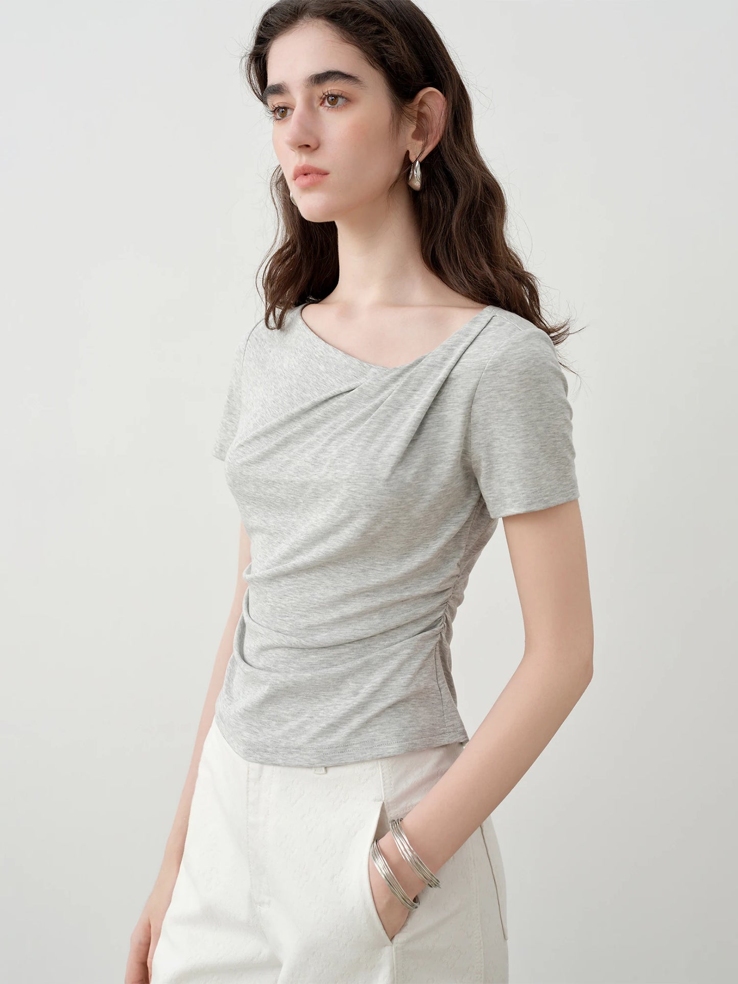 Gray Ruched Asymmetric Short Sleeve Top
