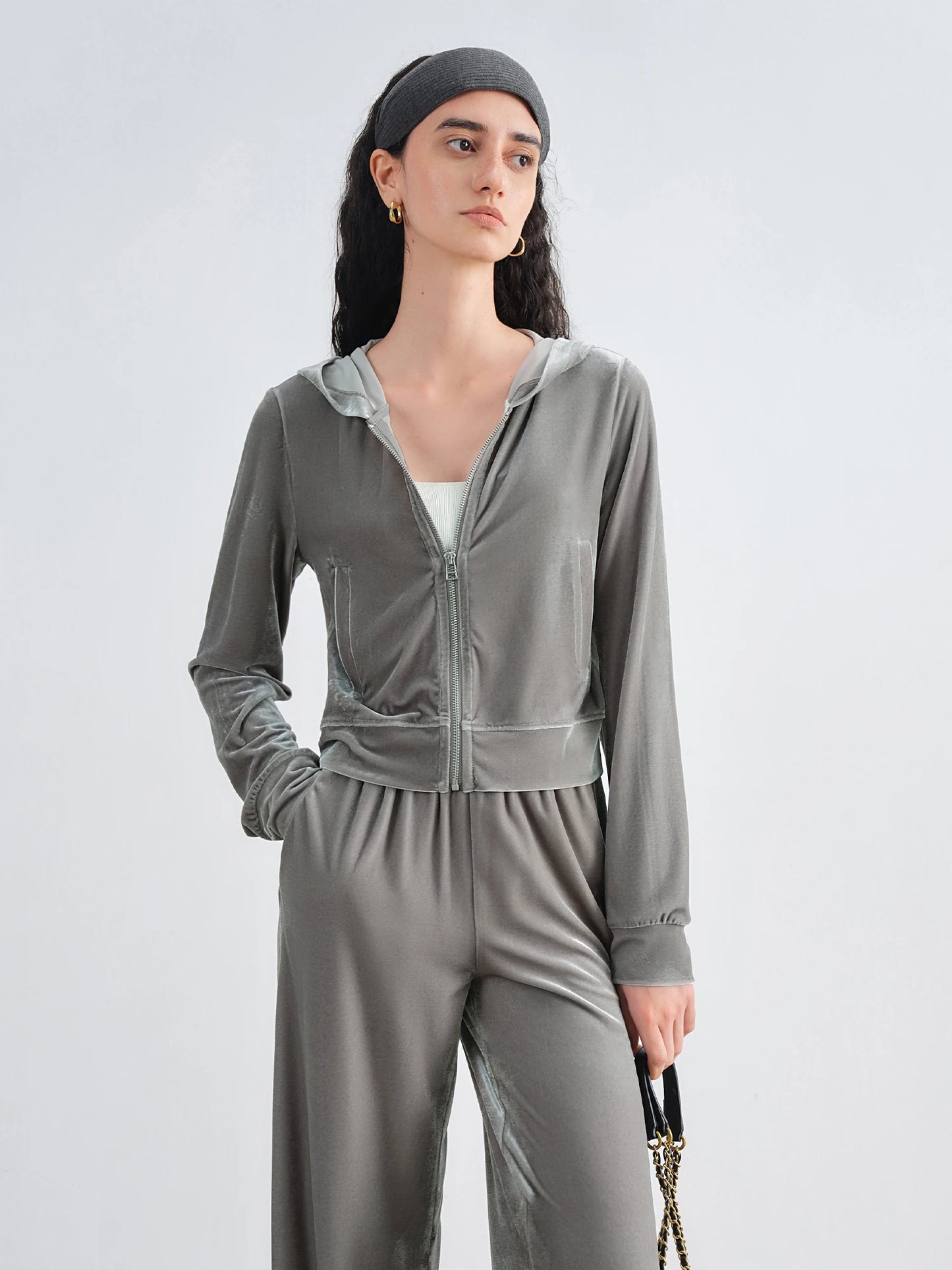 Grey Velvet Hoodie Jogger Set