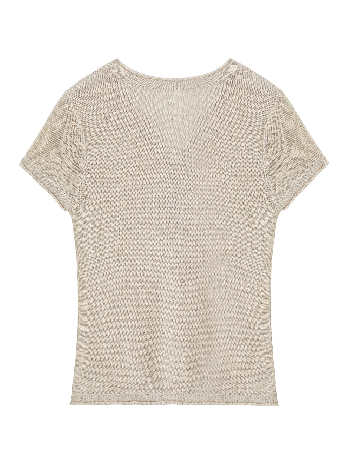 Beige Sequin Knit Henley Top
