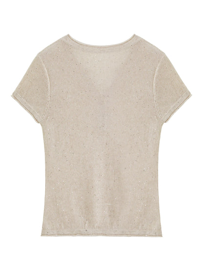 Beige Sequin Knit Henley Top