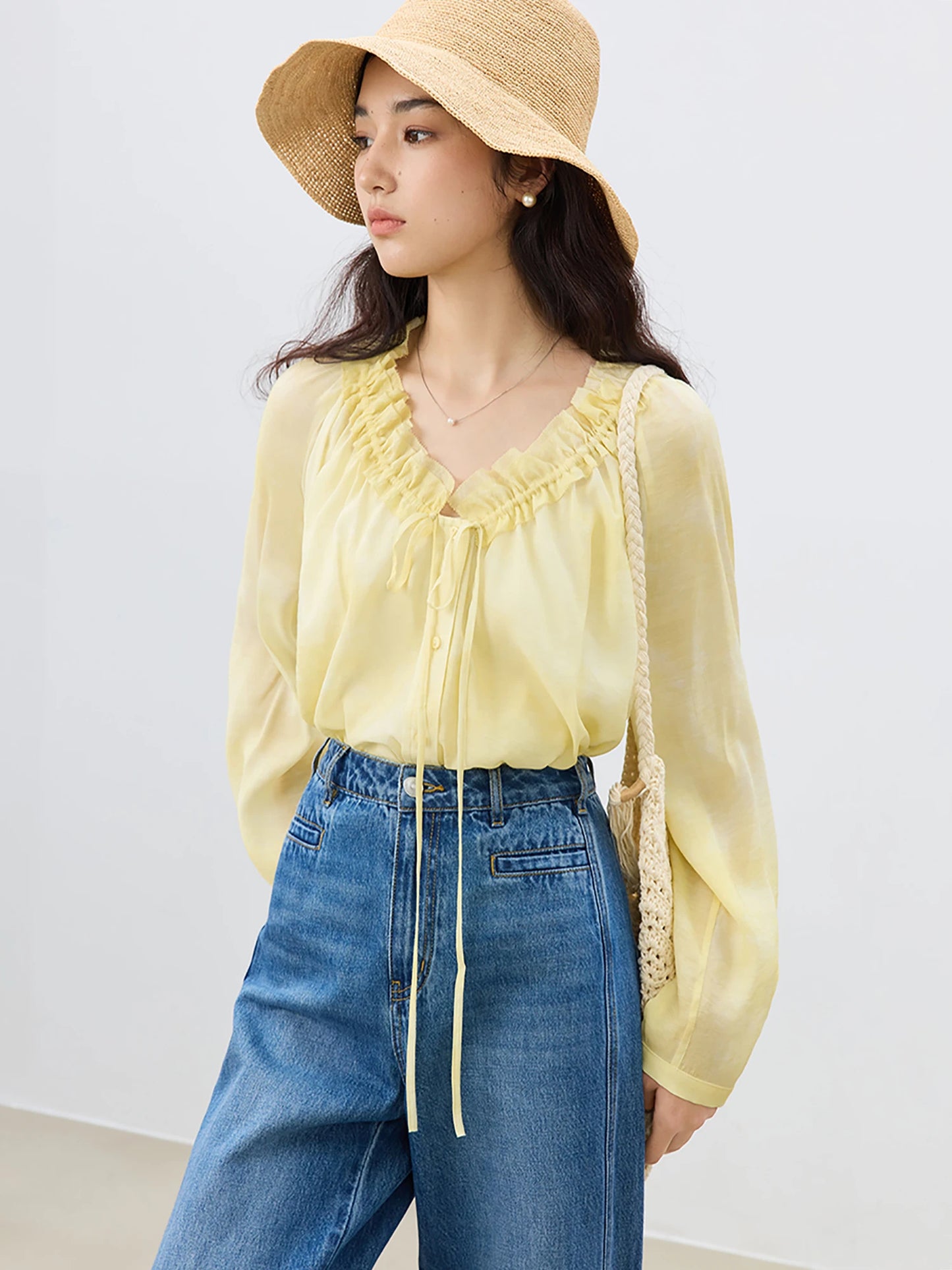 Yellow Floral Chiffon Tie Blouse