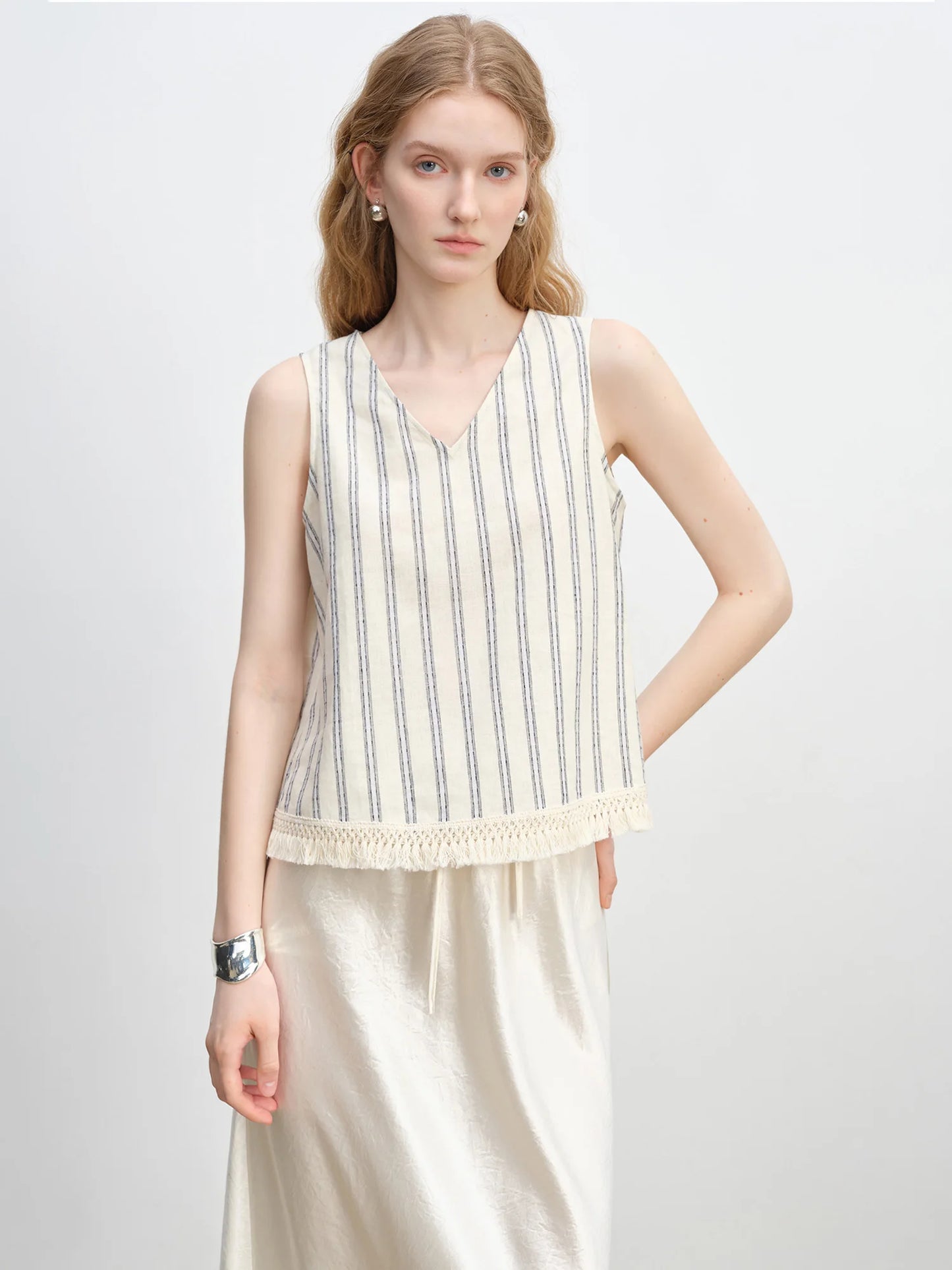 White Striped Sleeveless Linen Top