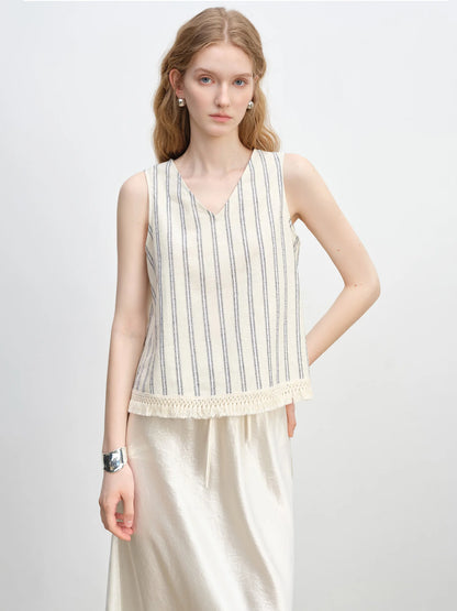 White Striped Sleeveless Linen Top