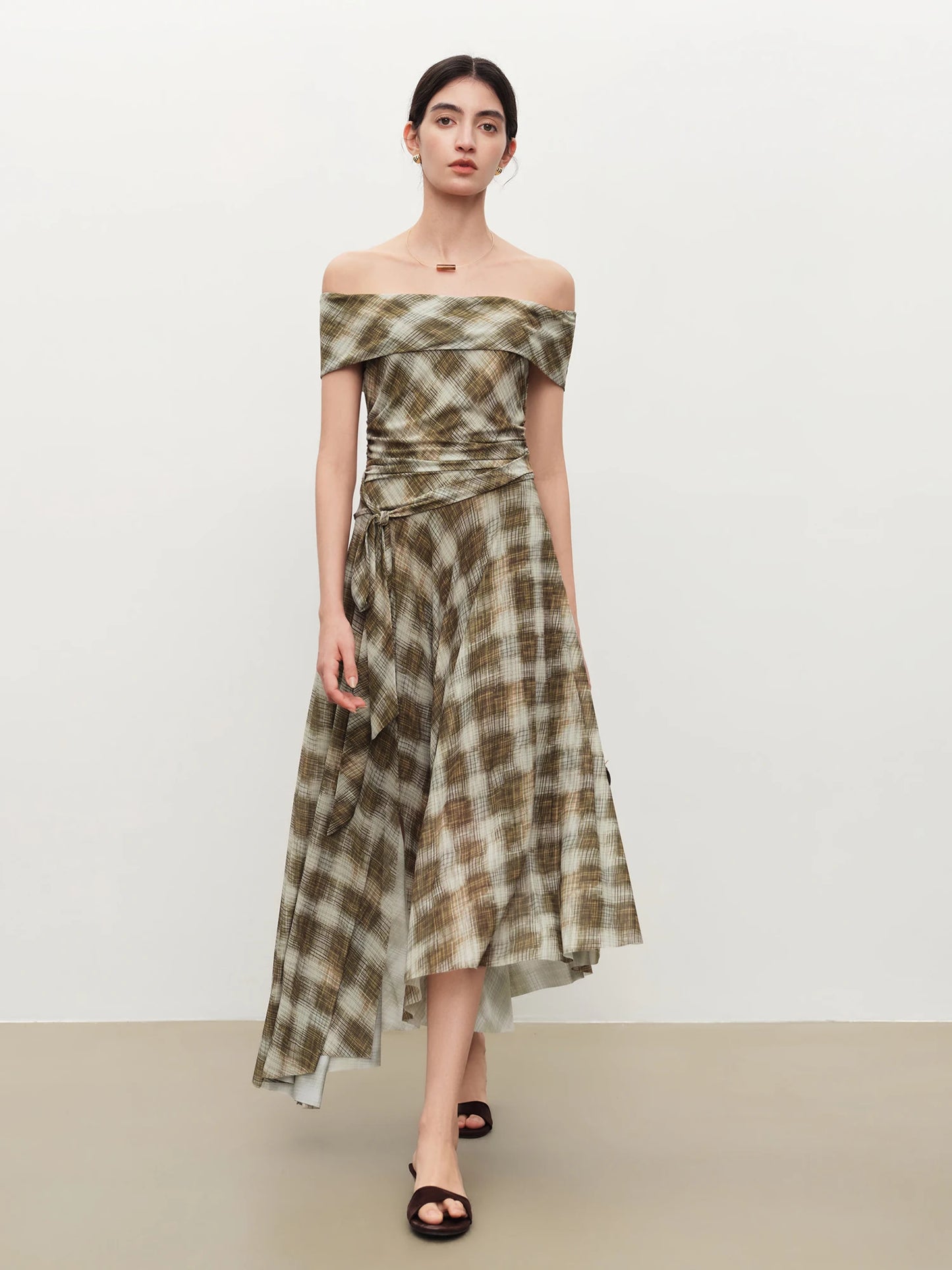 Plaid One Shoulder Midi Dress