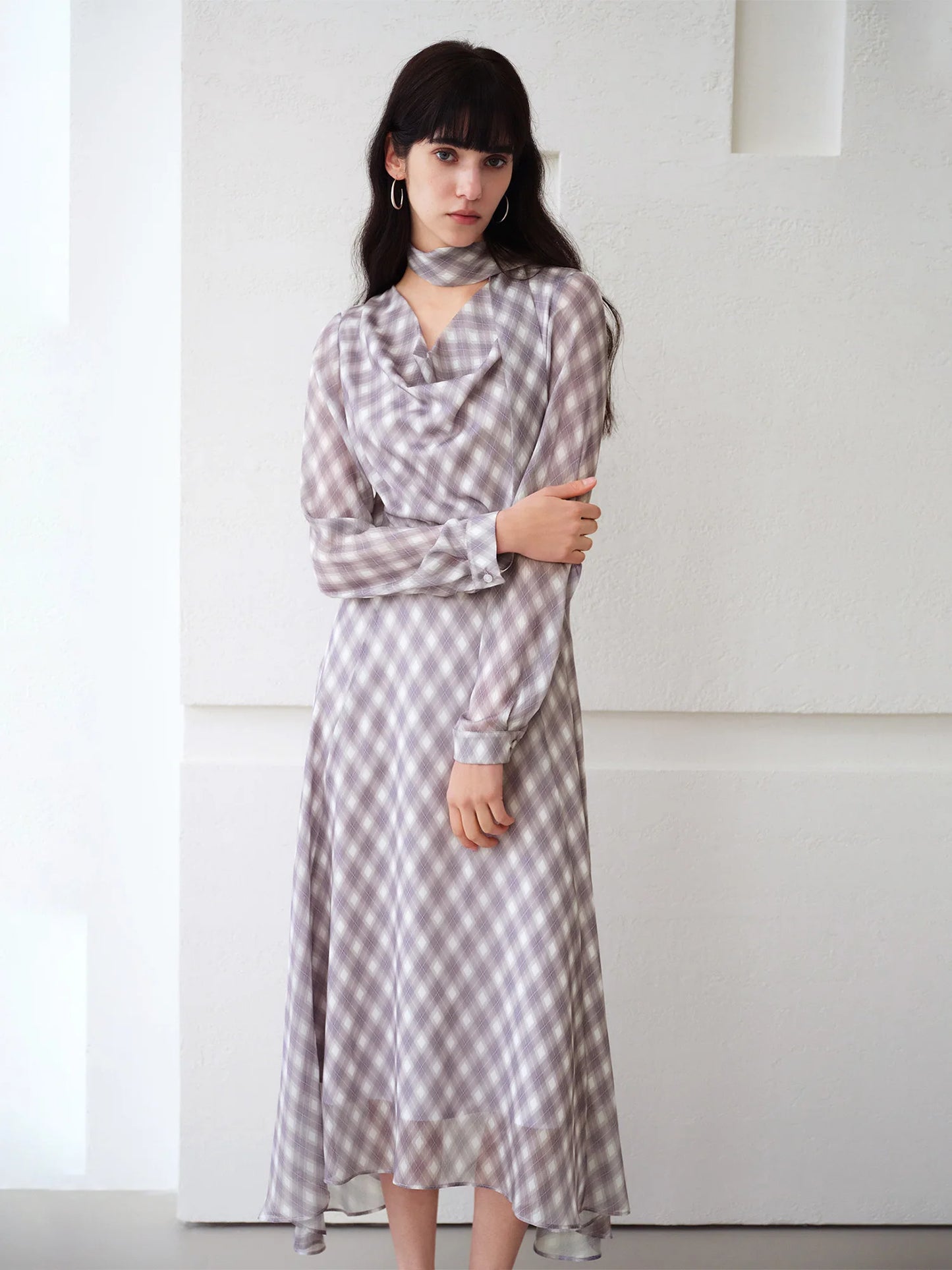 Plaid Ruffle Neck Midi Dress