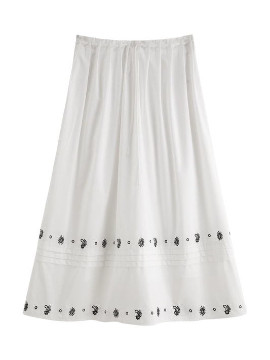 White Embroidered Drawstring Midi Skirt