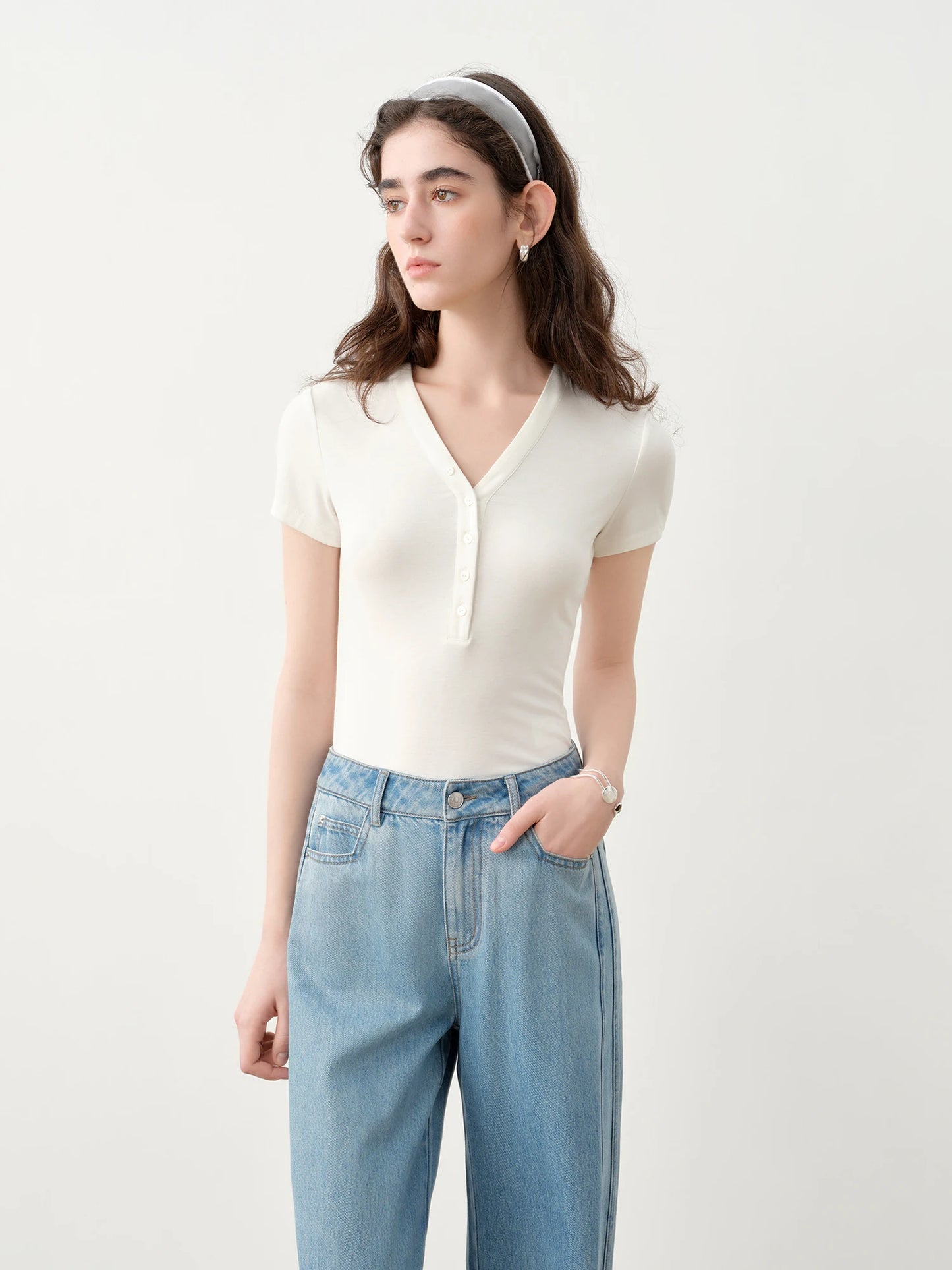 Pale Blue Button V-Neck Tee
