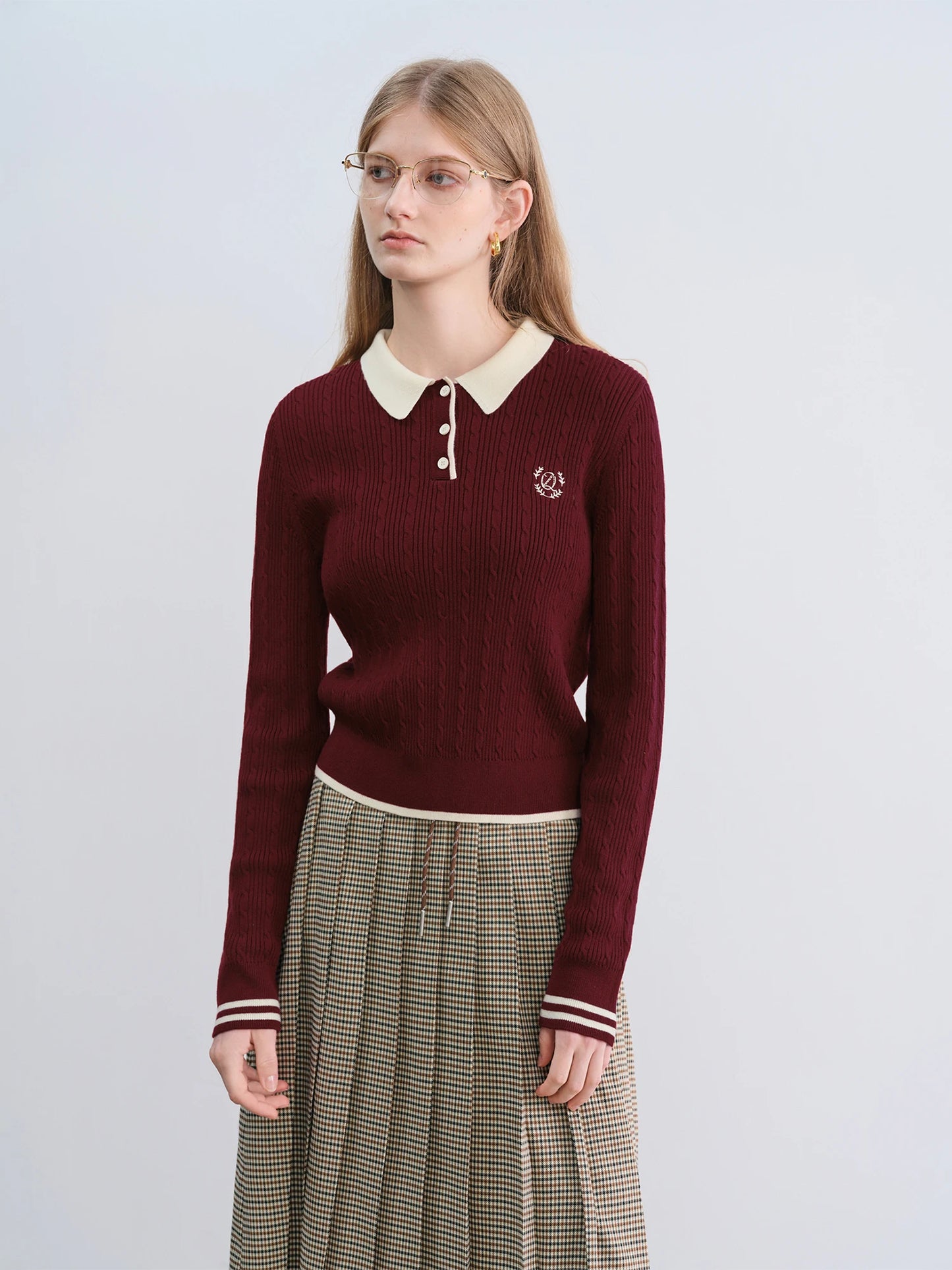 Burgundy Contrast Collar Polo Sweater