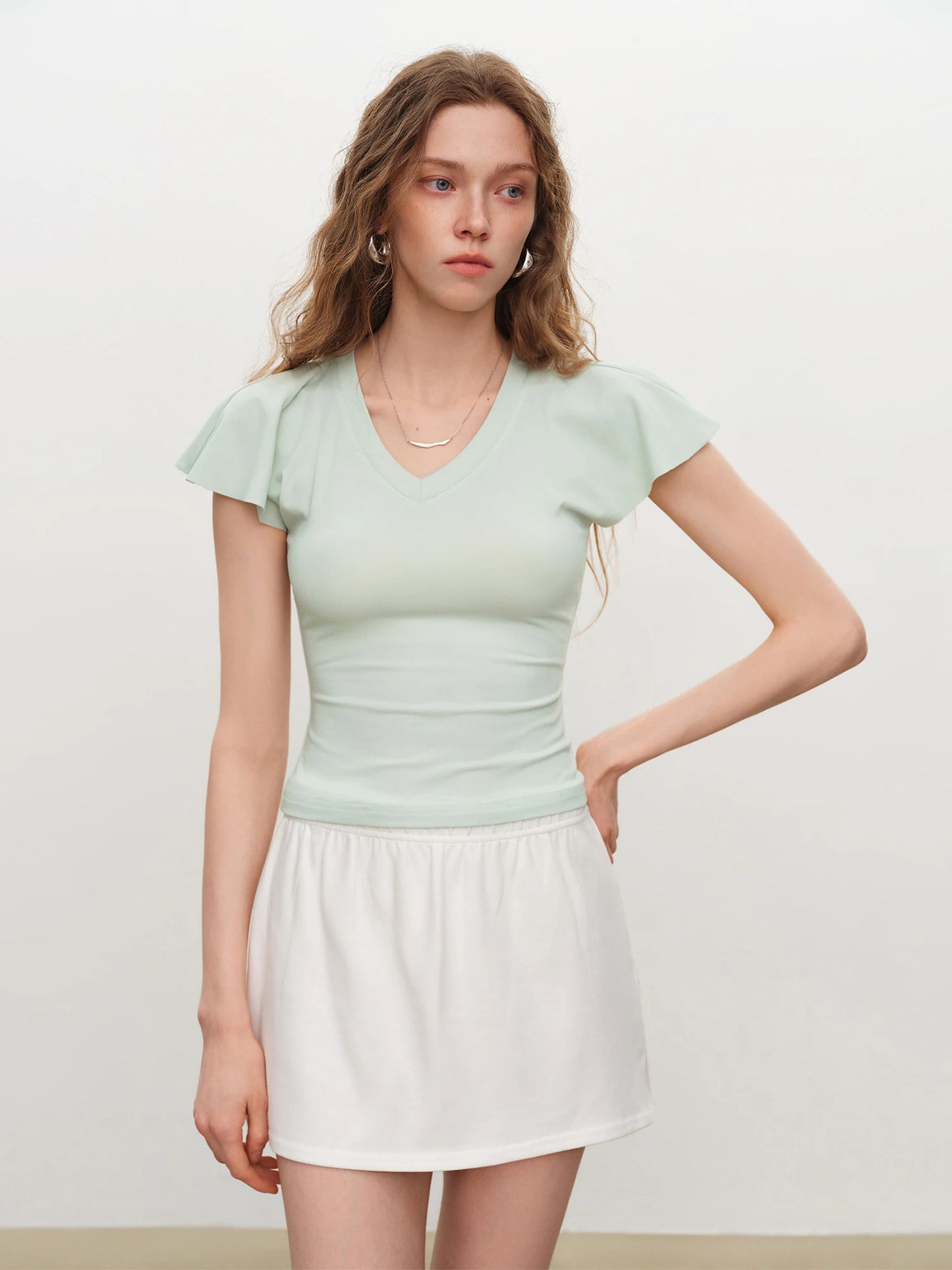 Pale Blue V-Neck Ruffle Tee