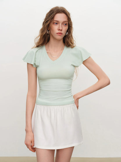 Pale Blue V-Neck Ruffle Tee
