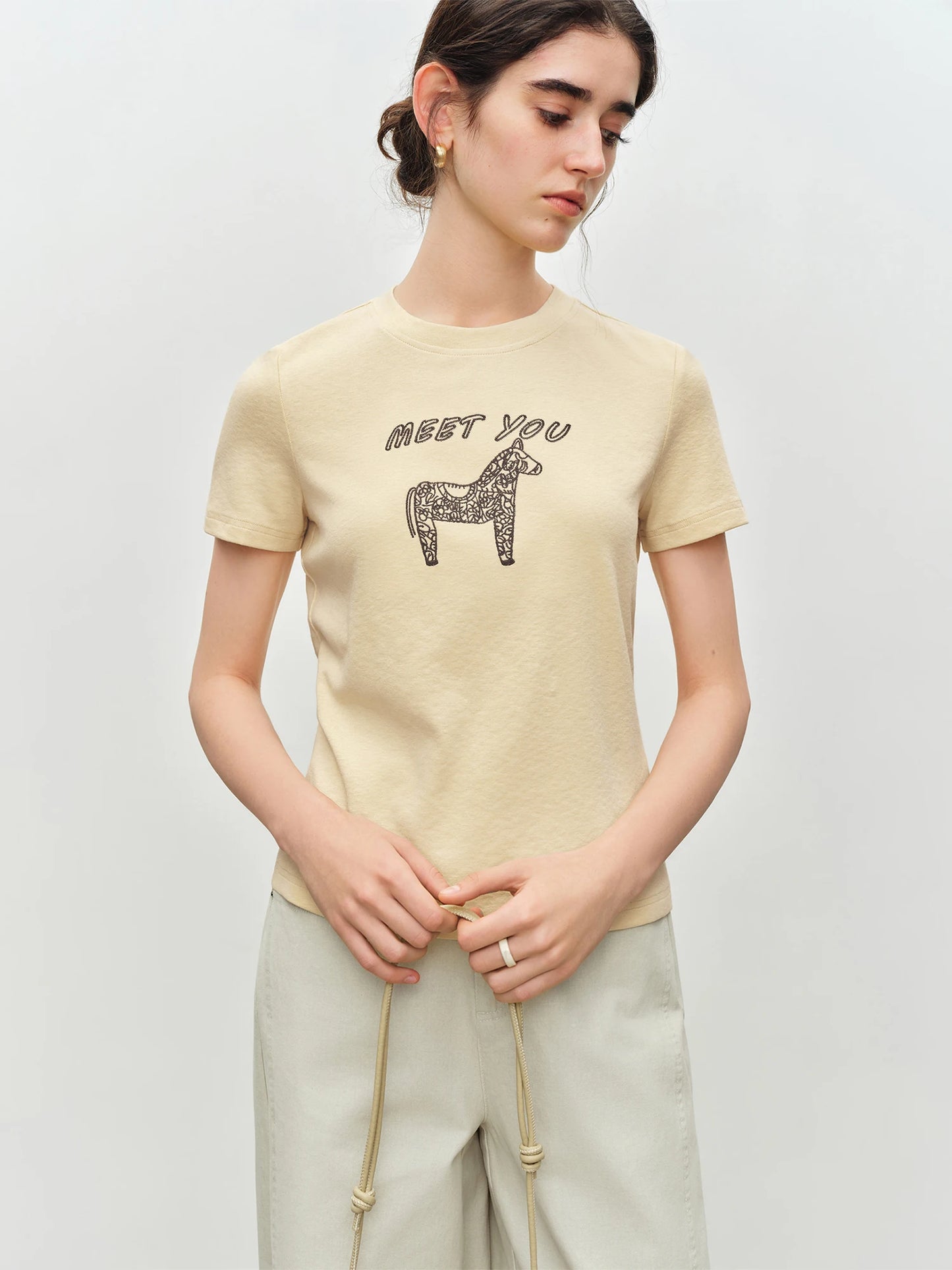 Brown Embroidered Horse Graphic Tee