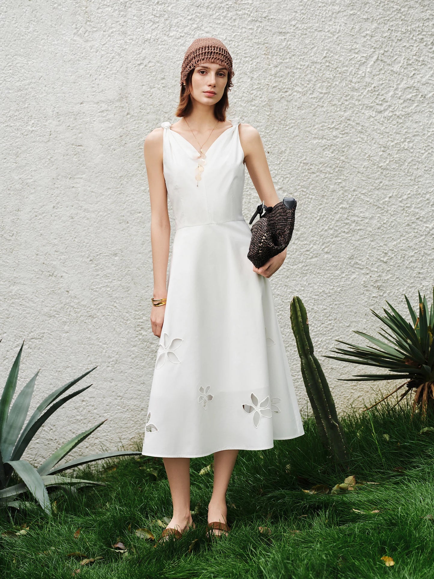 White Floral Embroidered Midi Dress