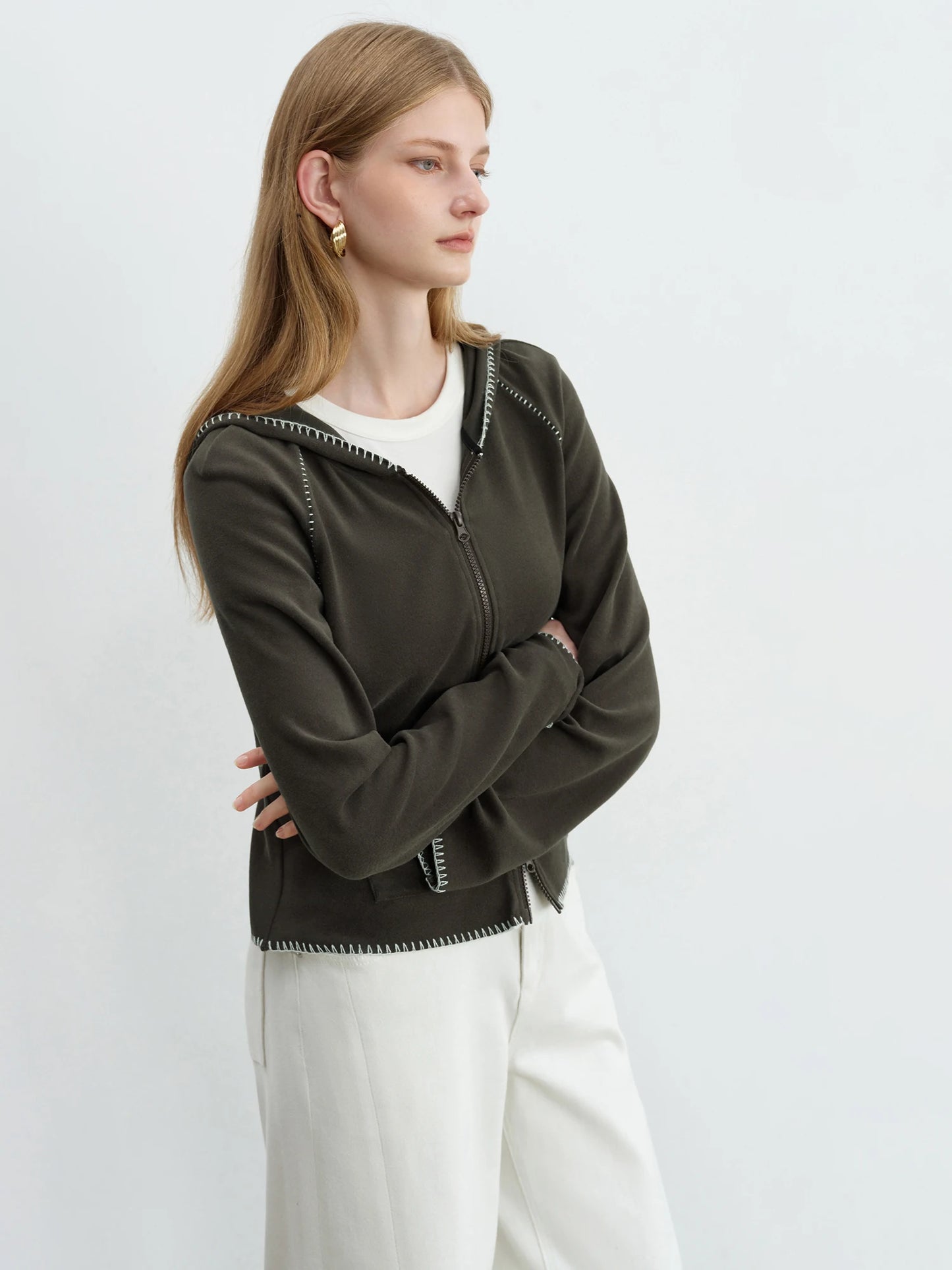 Olive Contrast Stitch Zip Hoodie