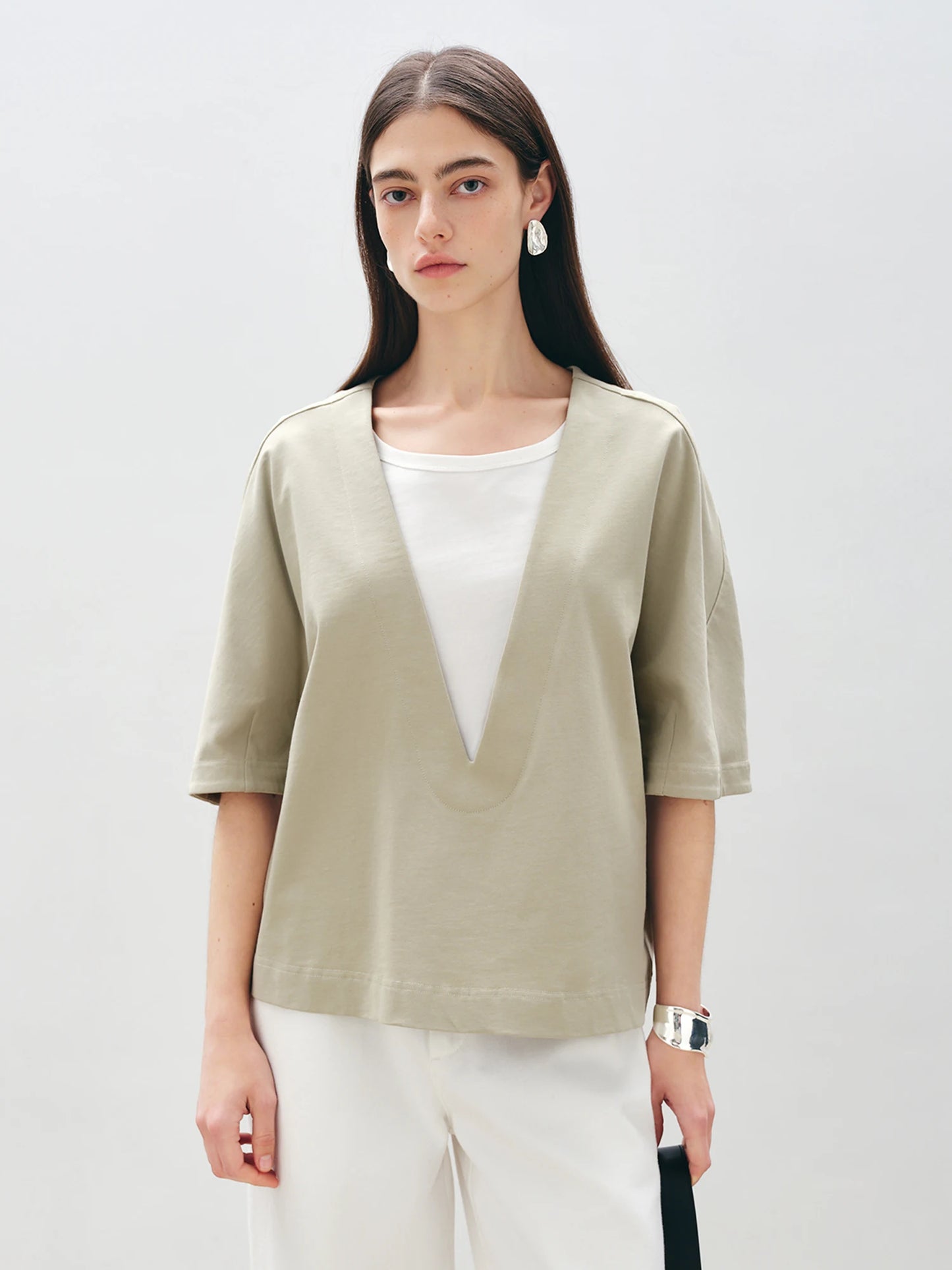 Gray Layered V-Neck Knit Top