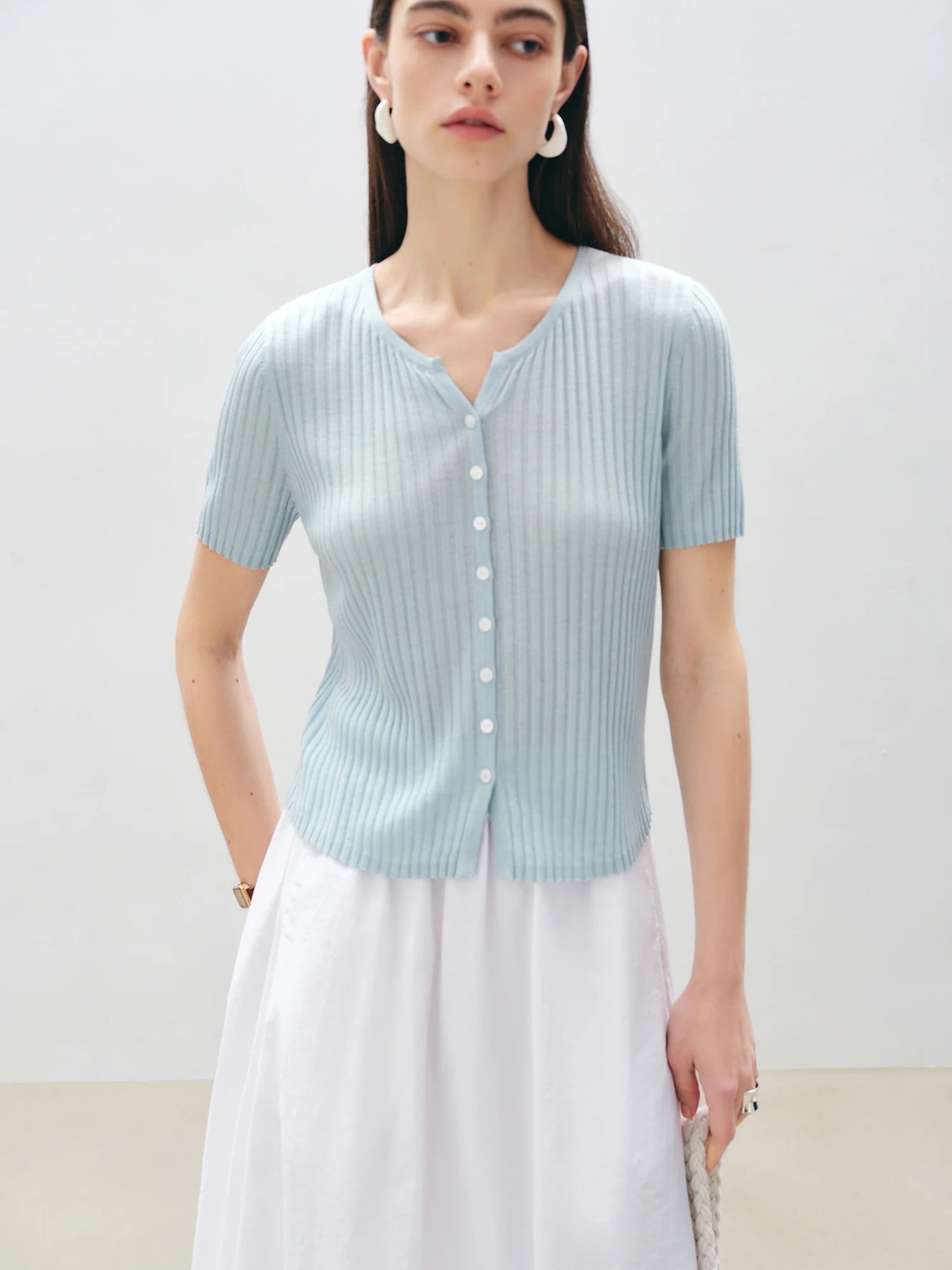 Oatmeal Ribbed Button Knit Top
