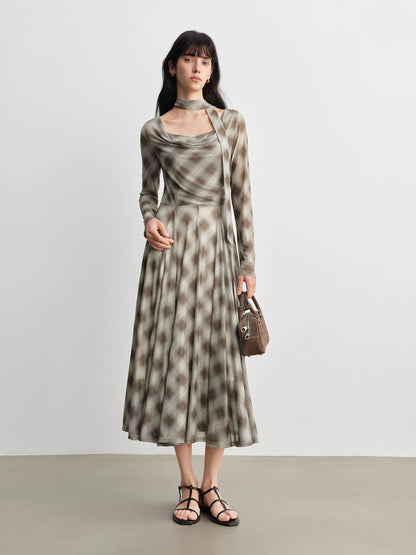 Plaid Cowl Neck Midi Dress