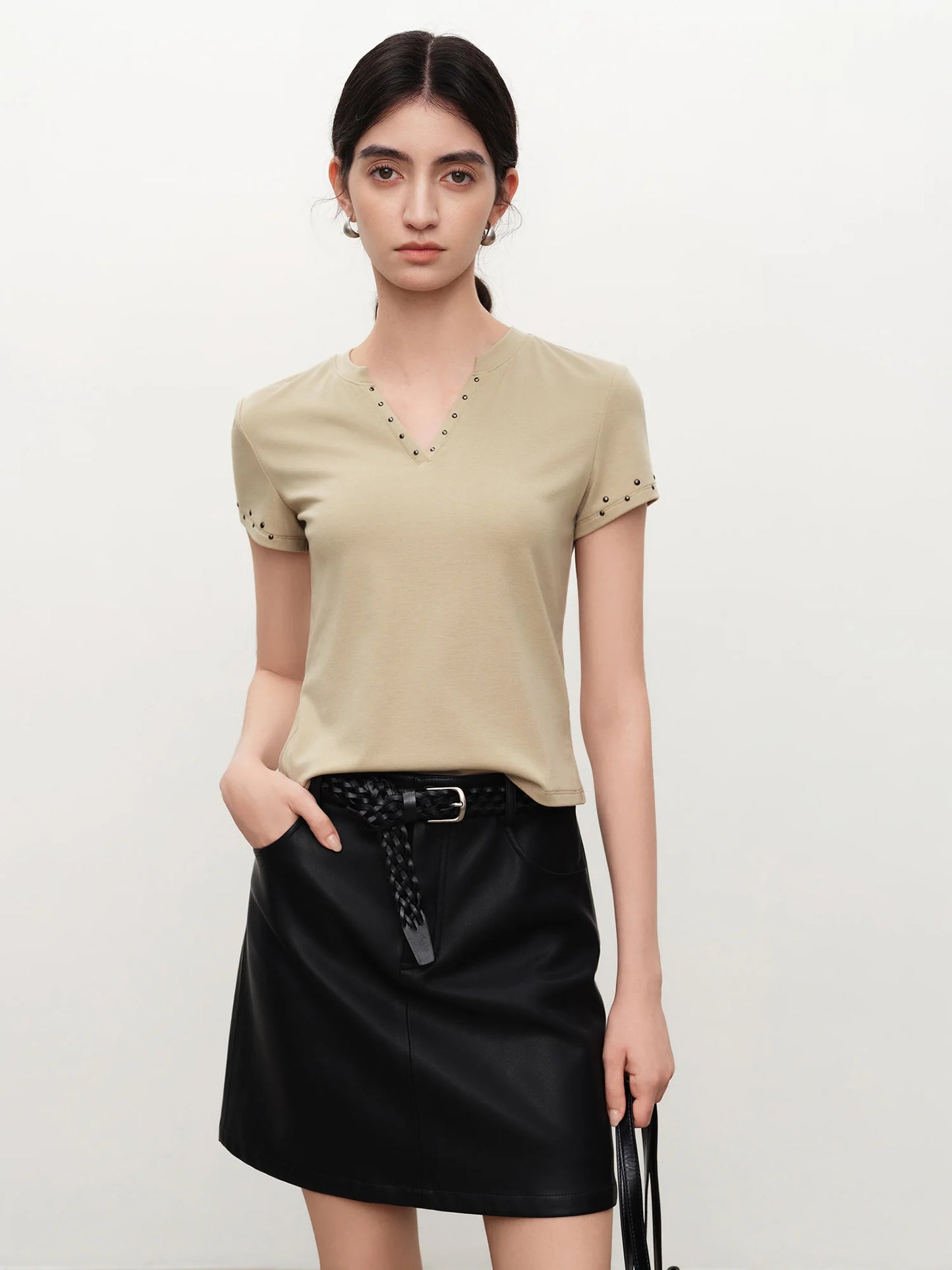 Brown Studded V-Neck Tee