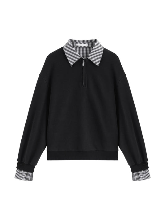 Black Plaid Collar Layered Sweatshirt