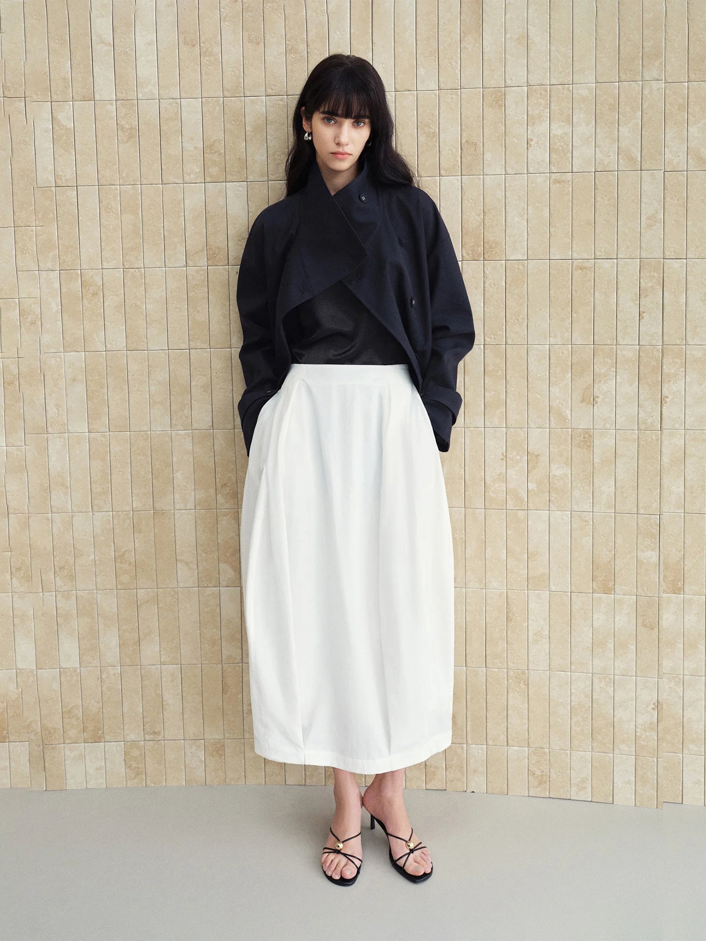 White Sculptural A-Line Midi Skirt