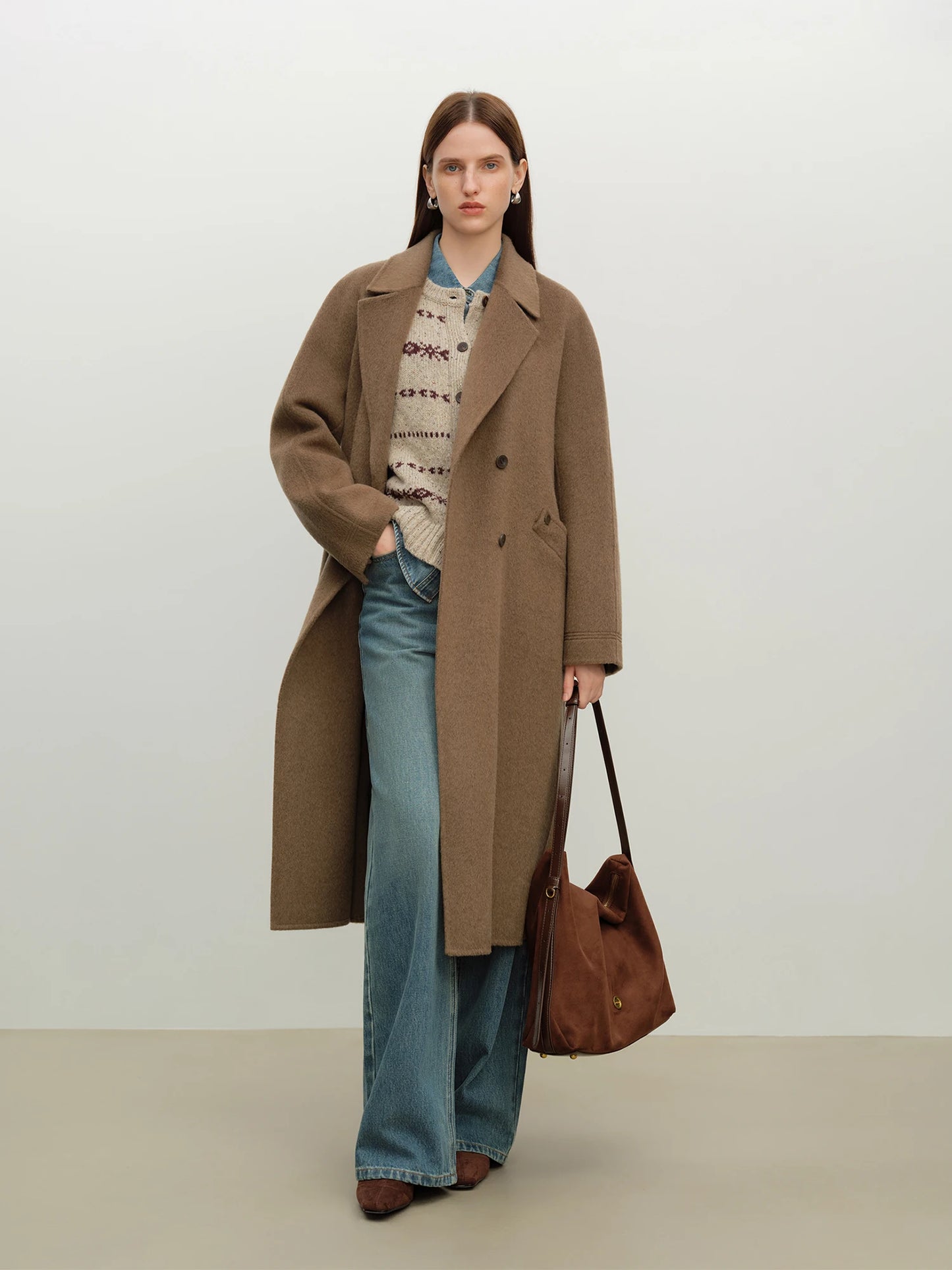 Cream Belted Lapel Wool Coat