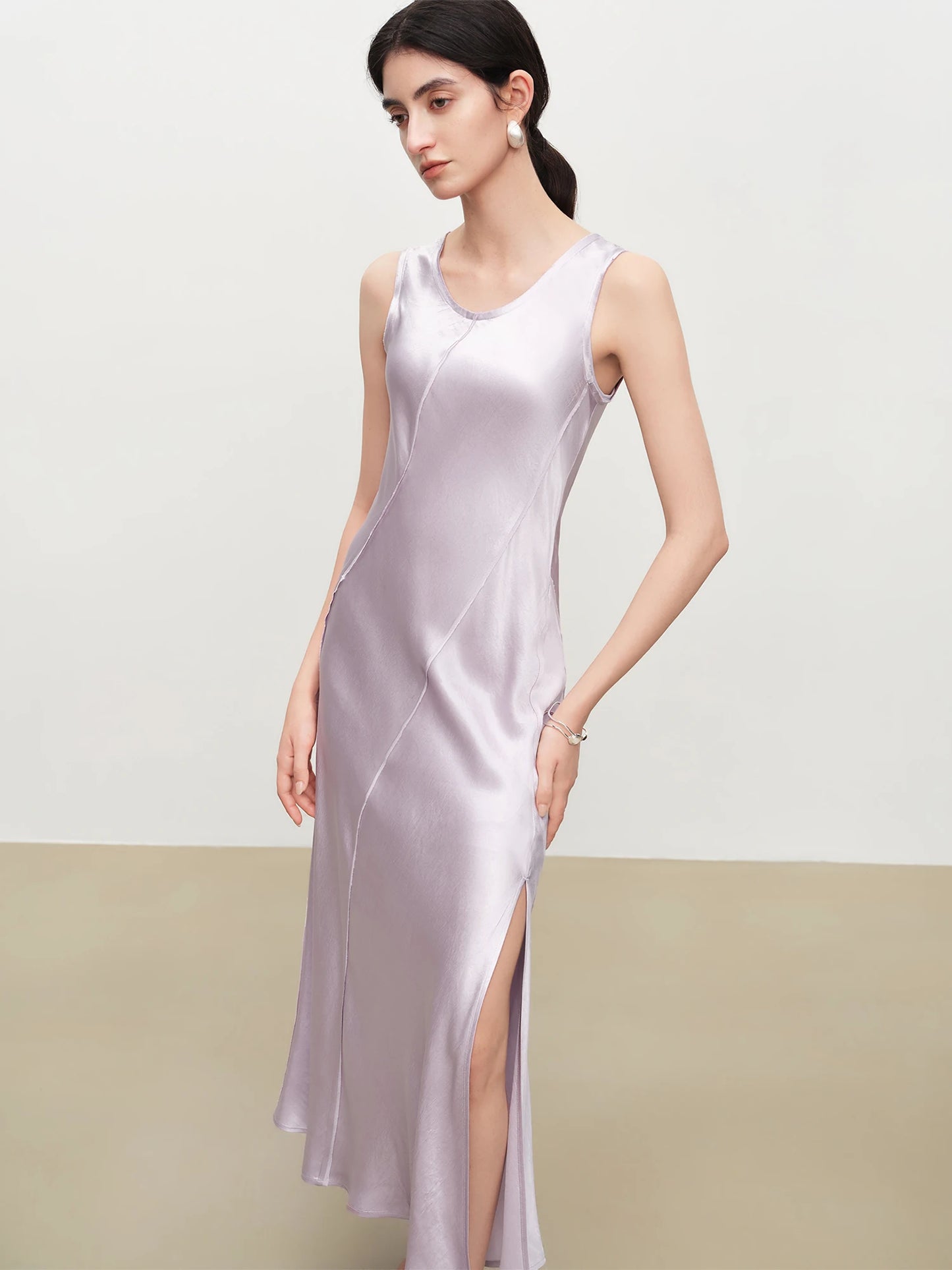 Ivory Satin U-Neck Midi Dress