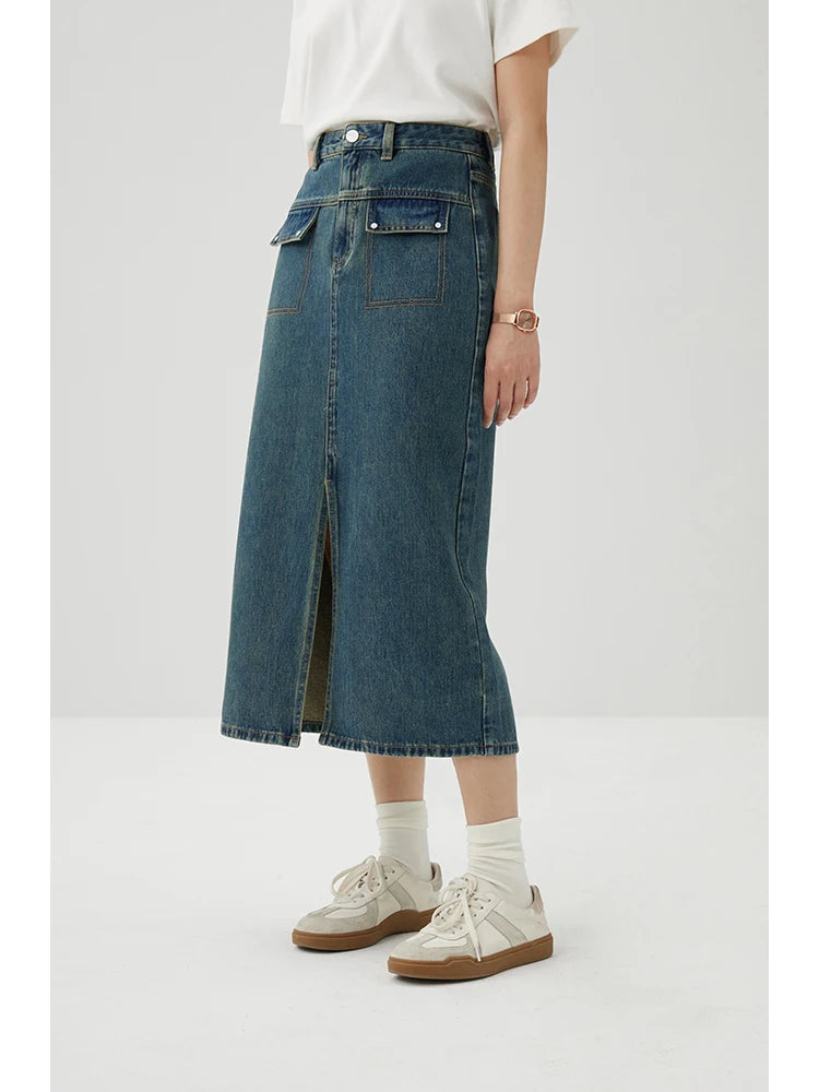 Washed Denim Straight Slit Skirt
