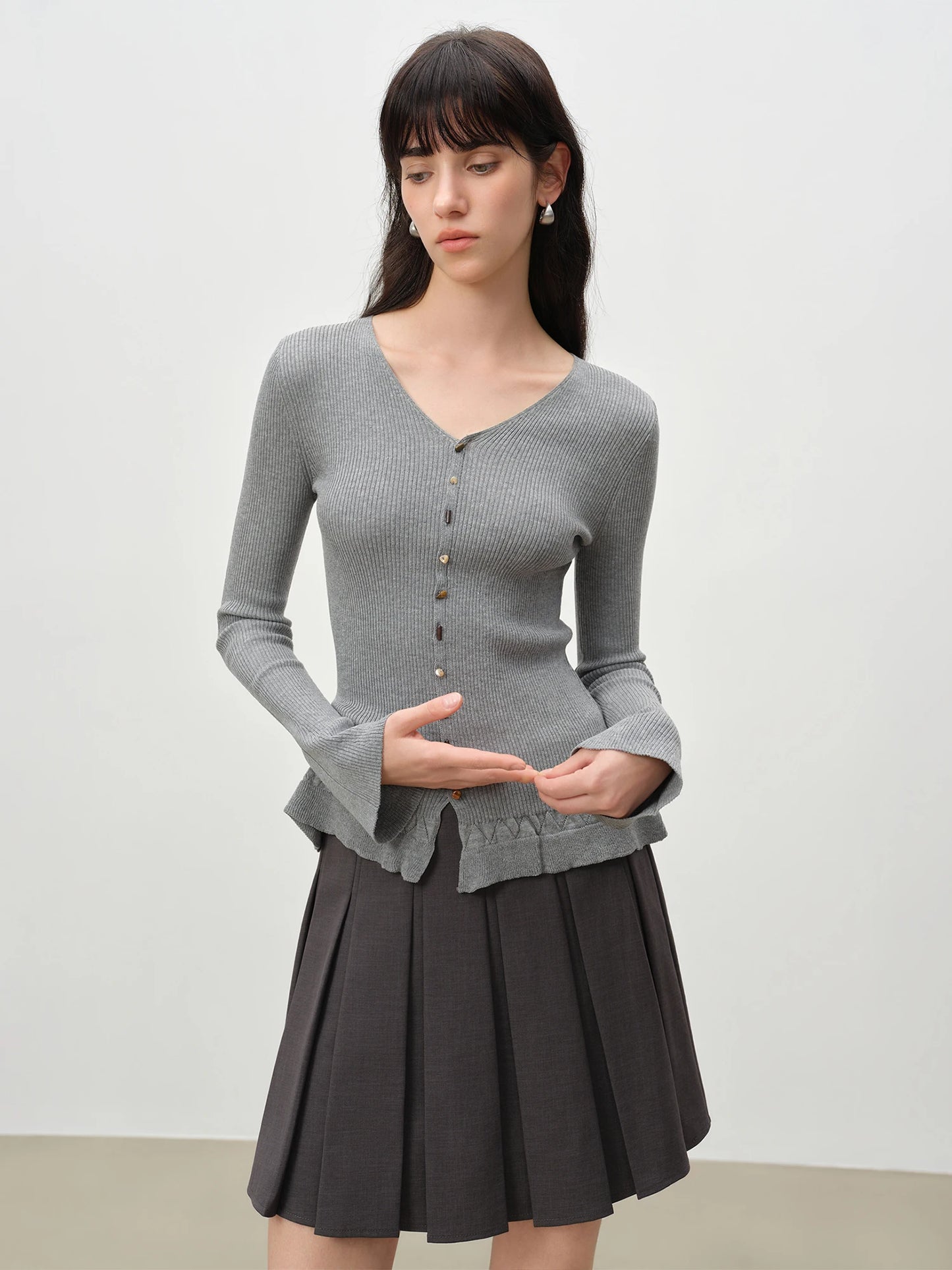 Beige Flounce Hem Knit Cardigan