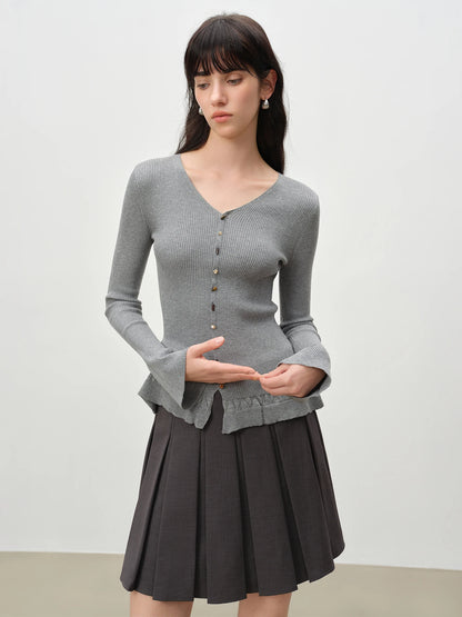Beige Flounce Hem Knit Cardigan