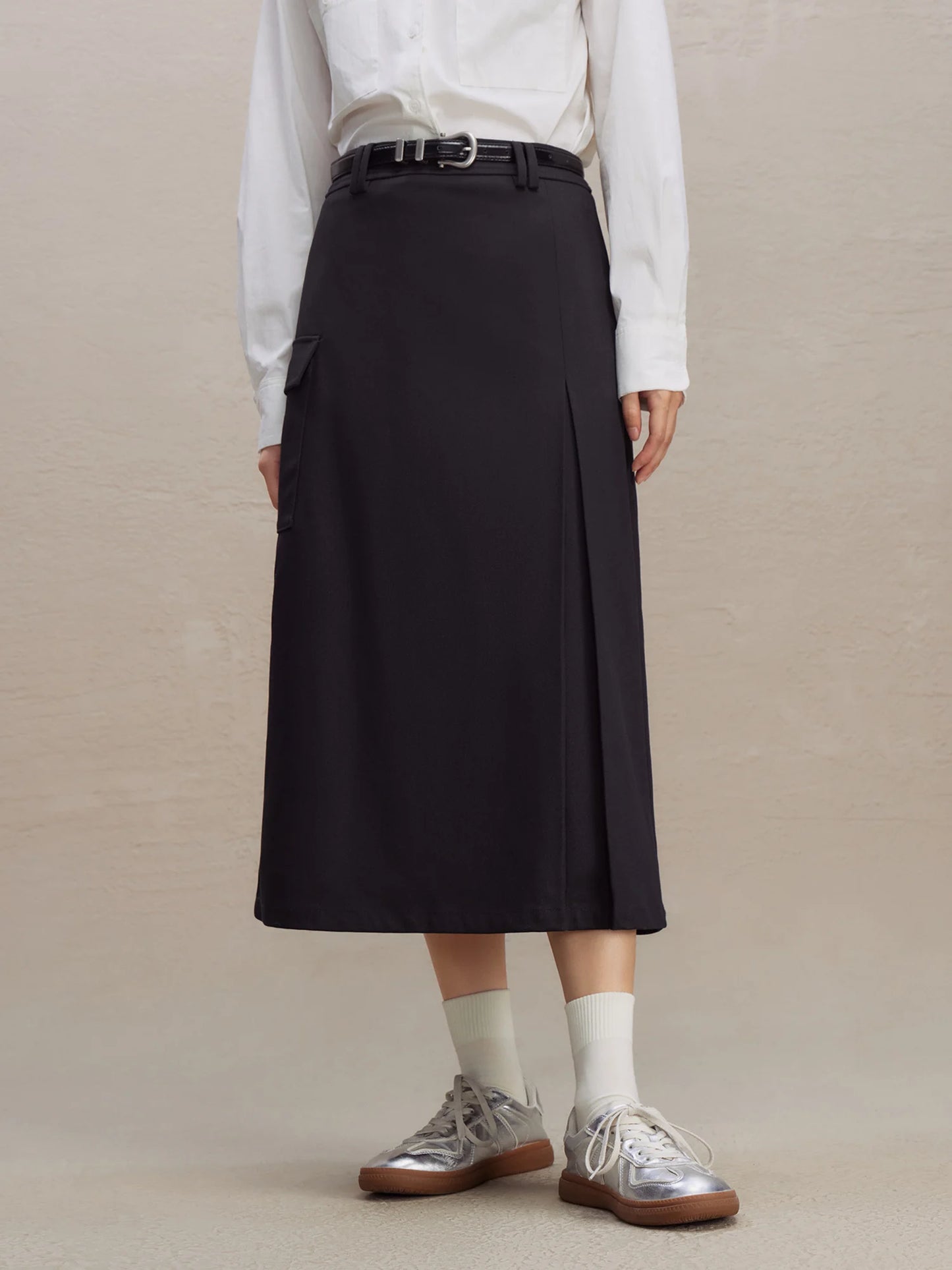 Black Cargo A-Line Midi Skirt
