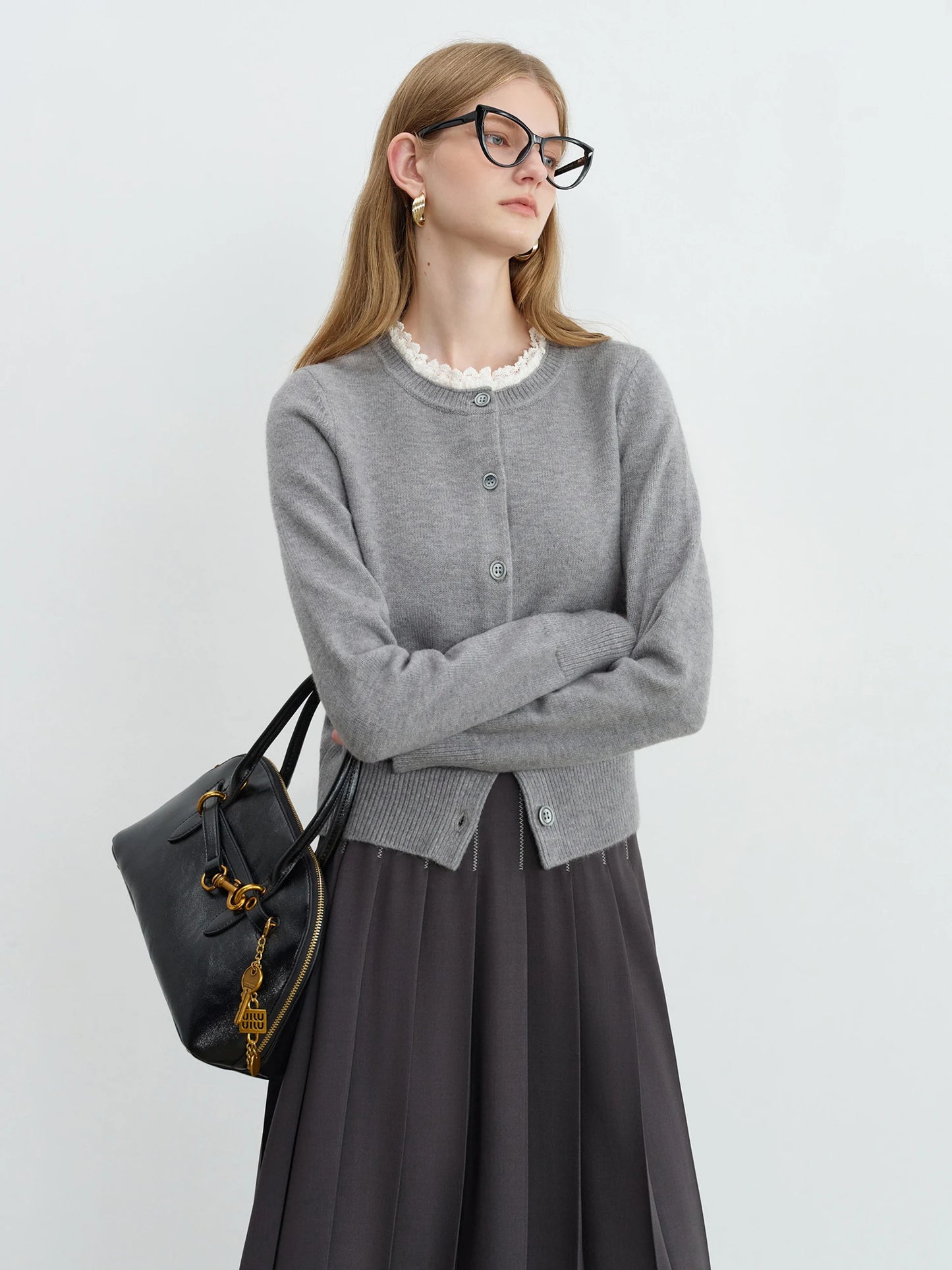 Grey Lace Trim Knit Cardigan