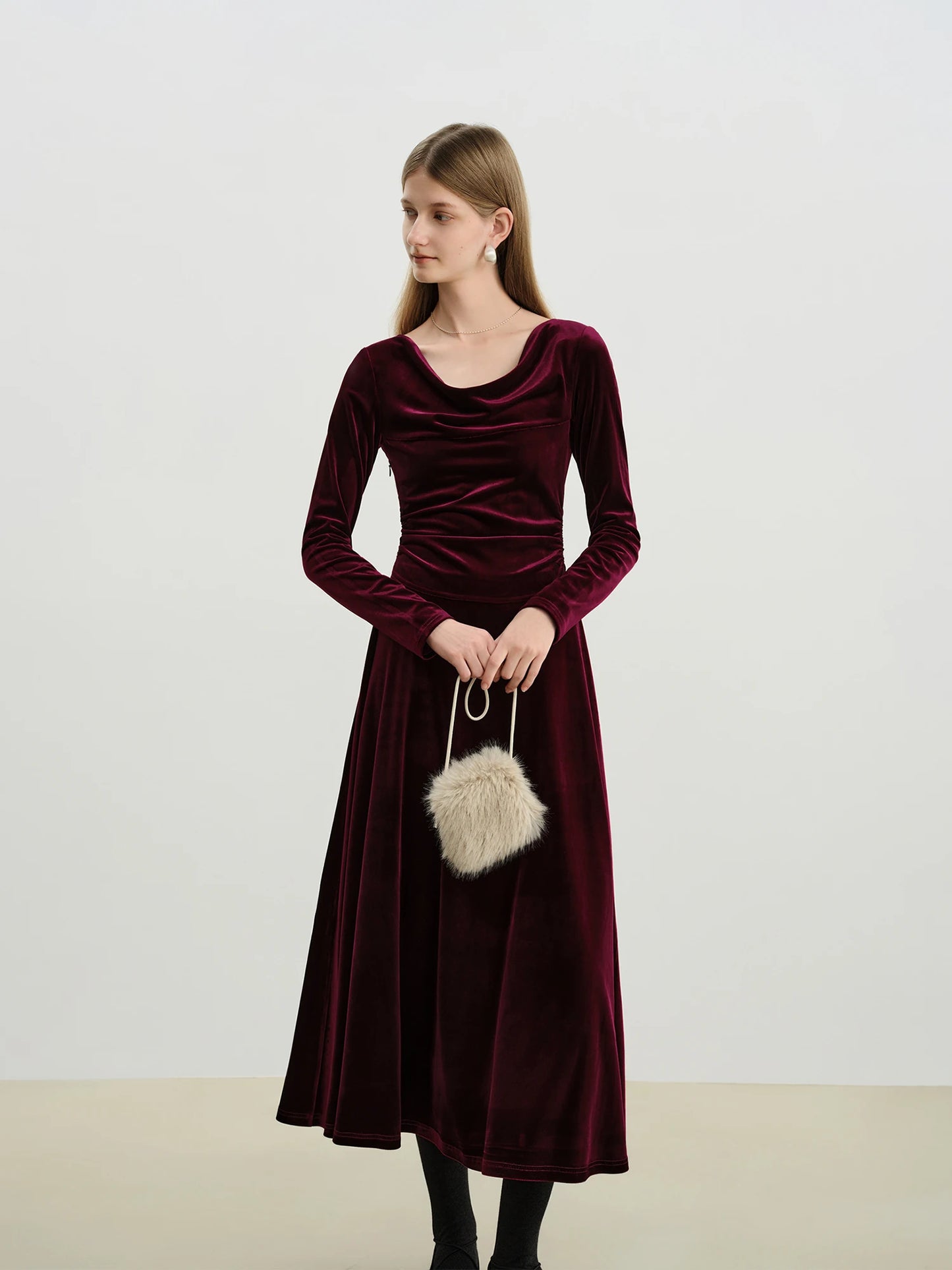 Burgundy Velvet Slash Neck Dress