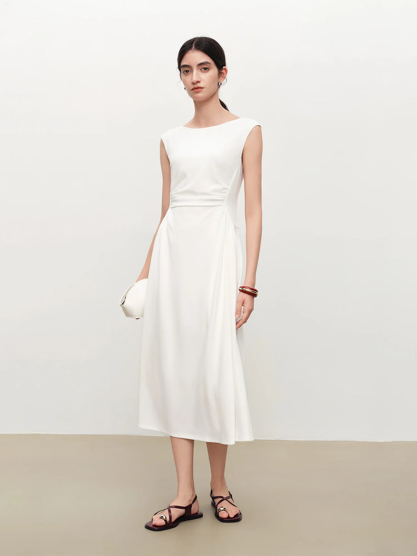 White Off Shoulder Pleated Dress