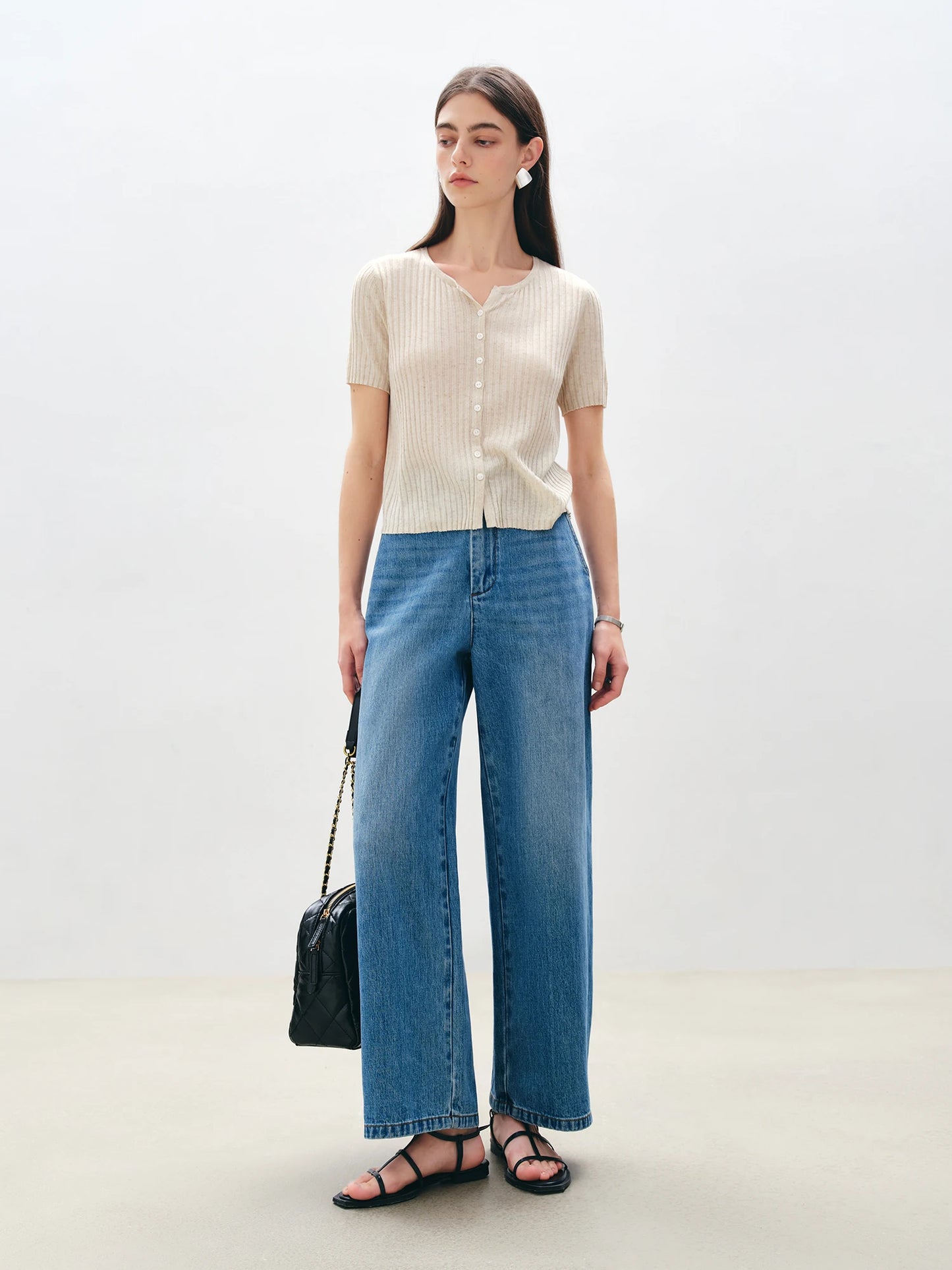 Oatmeal Ribbed Button Knit Top